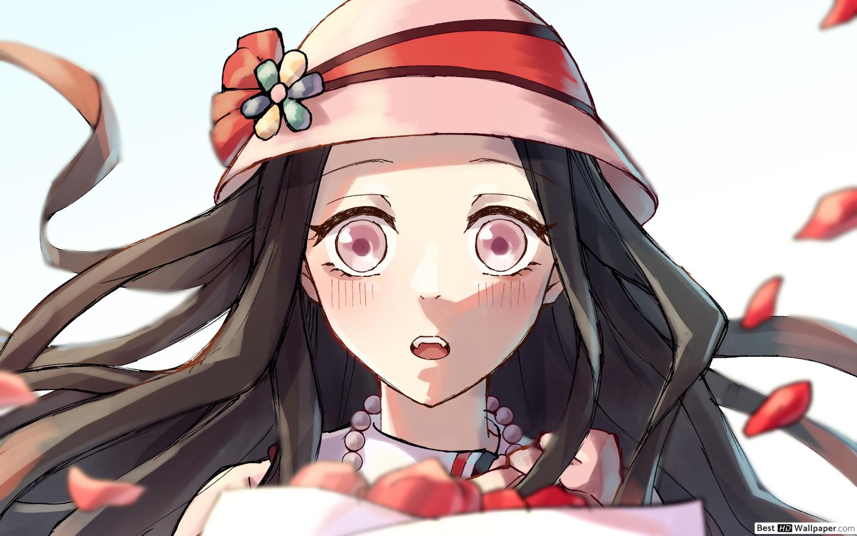 Nezuko with a pretty hat receives a flower bouquet HD wallpaper download