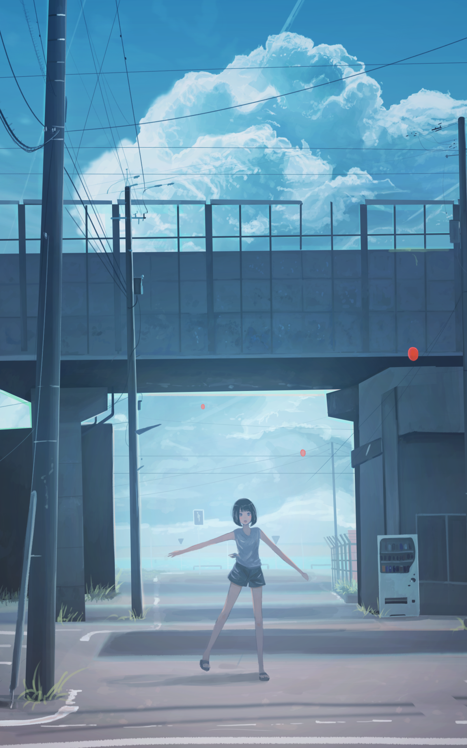 Download 1600x2560 Anime Girl, Summer, Bridge, Streets, Clouds, Scenic Wallpaper for Google Nexus 10