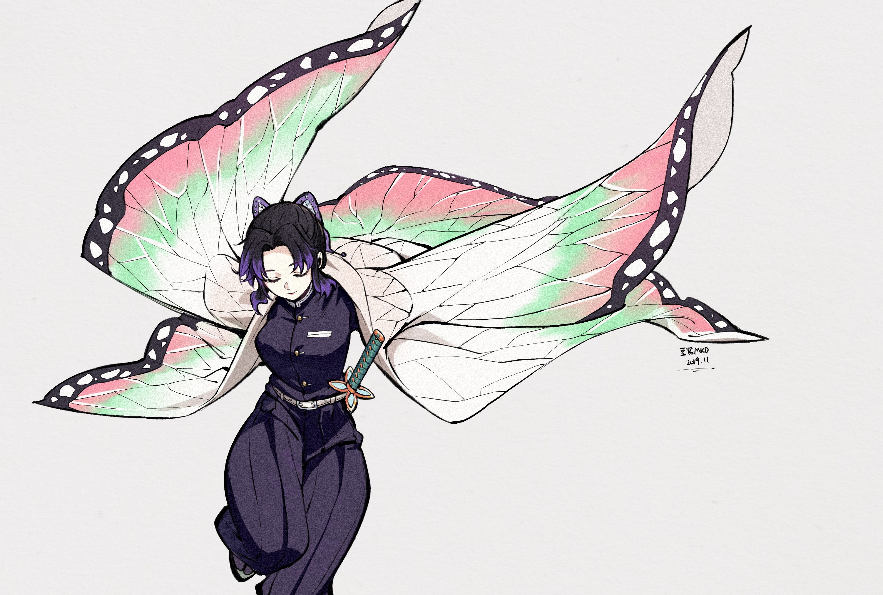 Weapon, Katana, Multi Colored Hair, Kochou Shinobu, Uniform, Sword, Black Hair, Gray, Kimono, Japanese Clothes, Kimetsu No Yaiba. Mocah HD Wallpaper