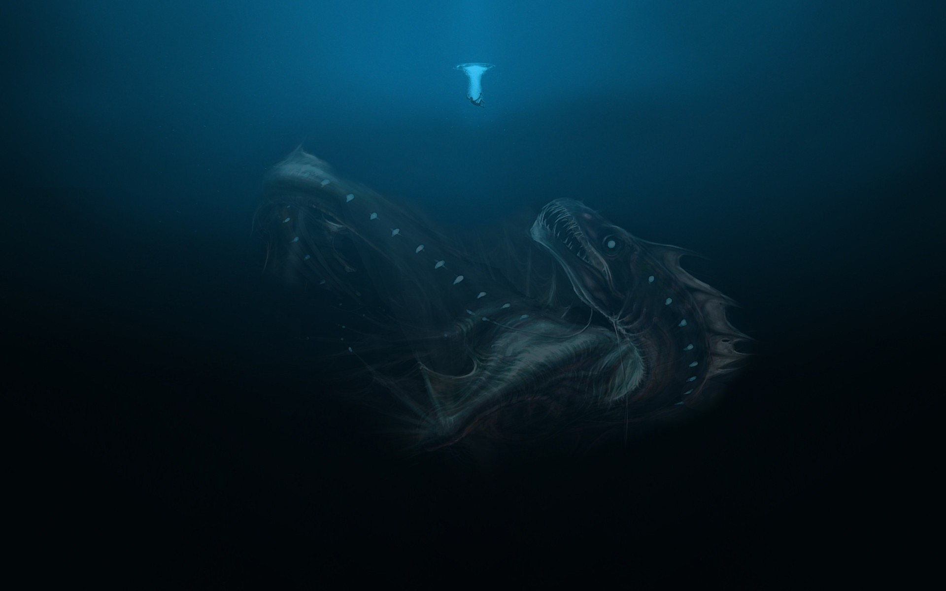 Wallpaper, sea monsters, fantasy art, creature, underwater, deep sea, ocean, darkness, computer wallpaper 1920x1200