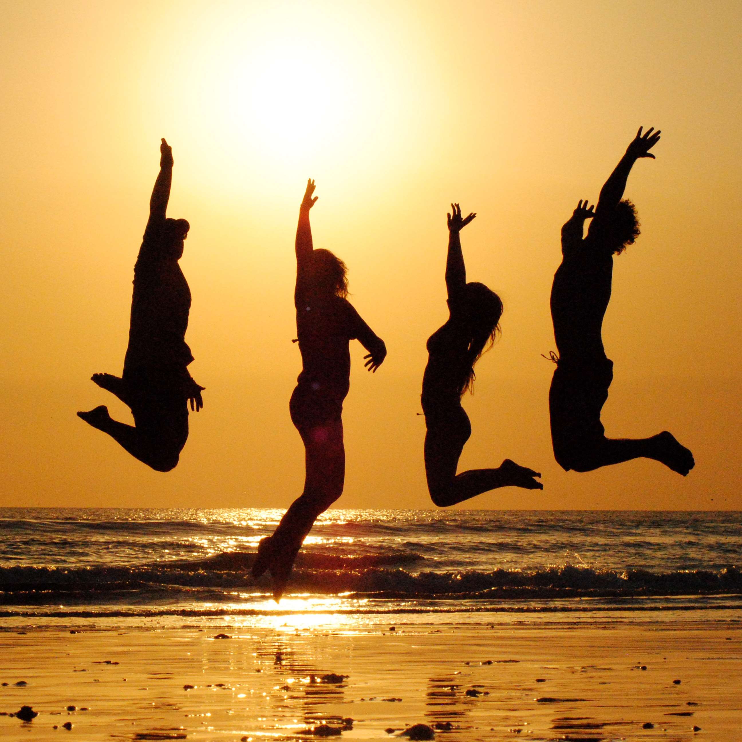 beach, celebration, friends, group, happiness, joy, jump, ocean, people, silhouette, sun, sunset, together, vacation wallpaper