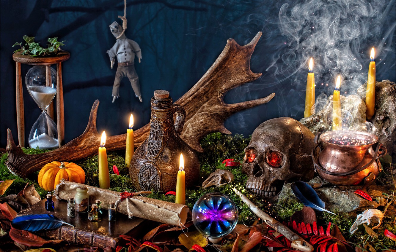 Wallpaper letter, leaves, bubbles, magic, bottle, ball, candles, doll, feathers, Halloween, bowler, skull, book, witchcraft, hourglass, horn image for desktop, section стиль