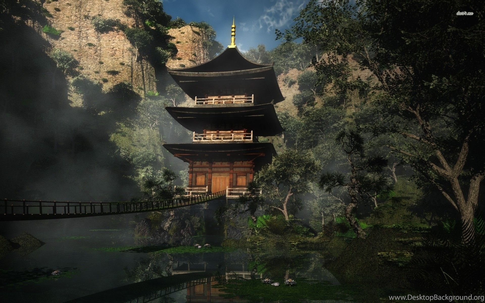 Chinese Temple And Bridge Wallpaper Digital Art Wallpaper Desktop Background