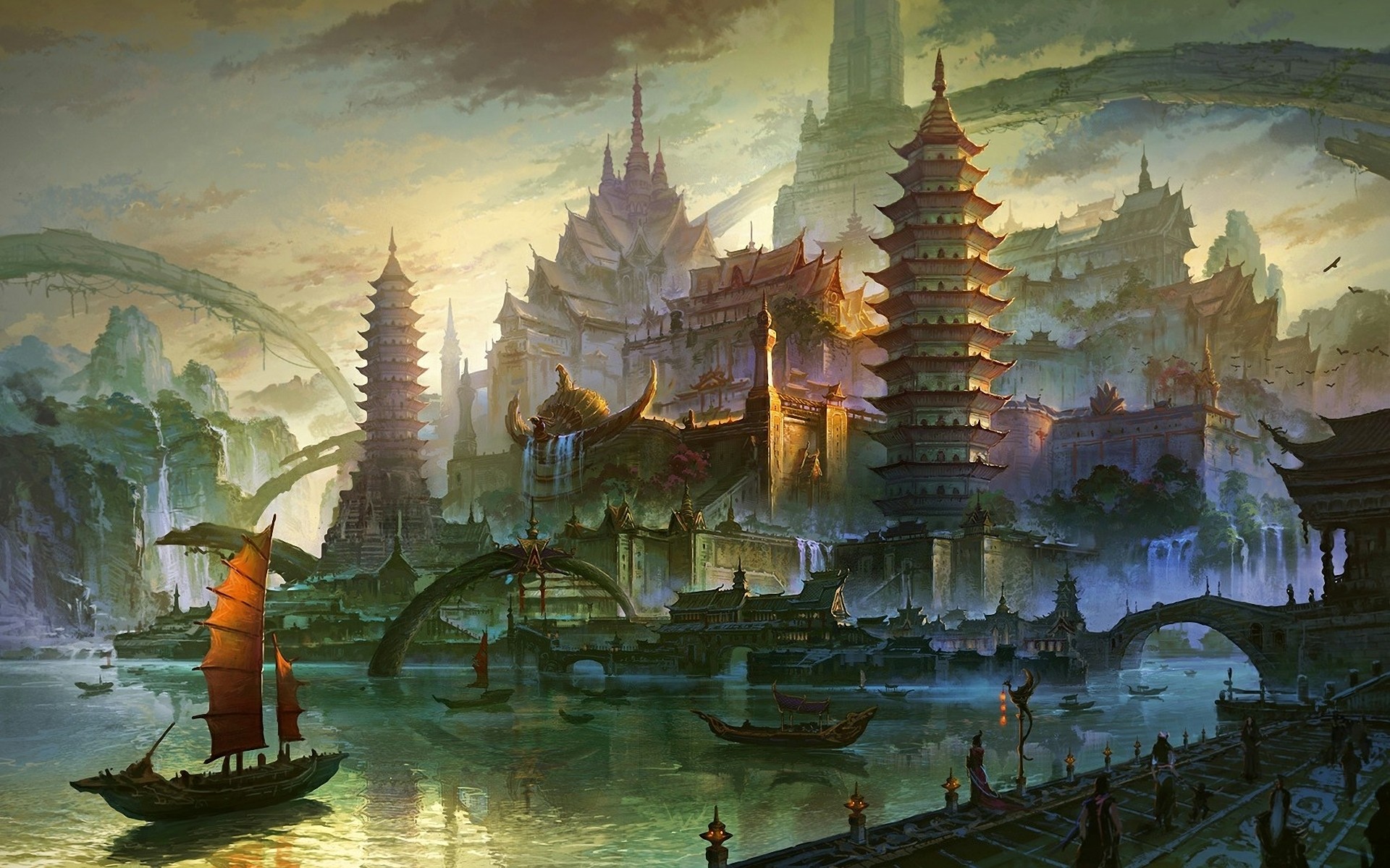 paintings, China, architecture, buildings, fantasy art, boats, artwork, lakes wallpaper