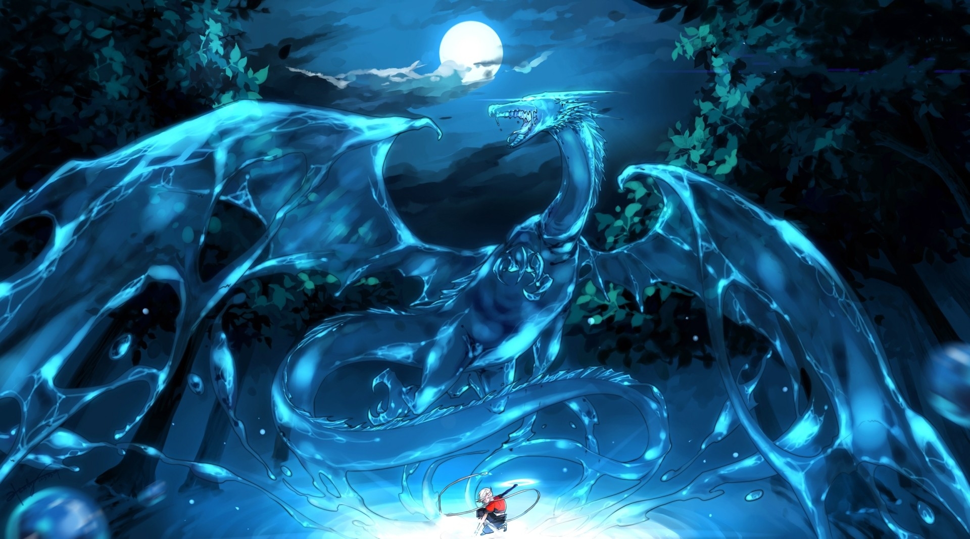 Download 1920x1067 Anime Boy, Dragon, Moonlight, Night, Water, Fantasy Wallpaper