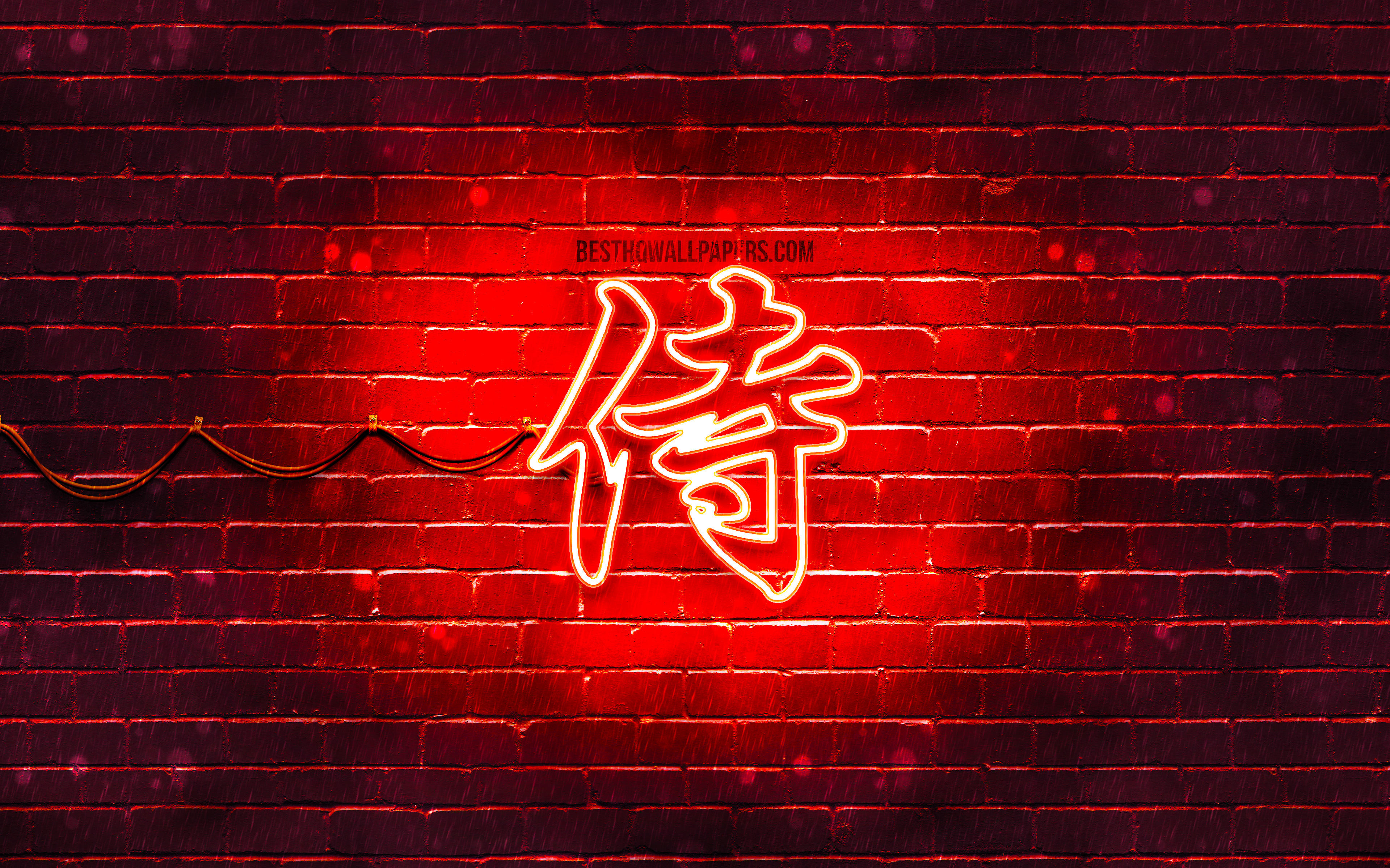Download wallpaper Samurai Kanji hieroglyph, 4k, neon japanese hieroglyphs, Kanji, Japanese Symbol for Samurai, red brickwall, Samurai Japanese character, red neon symbols, Samurai Japanese Symbol for desktop with resolution 3840x2400. High Quality