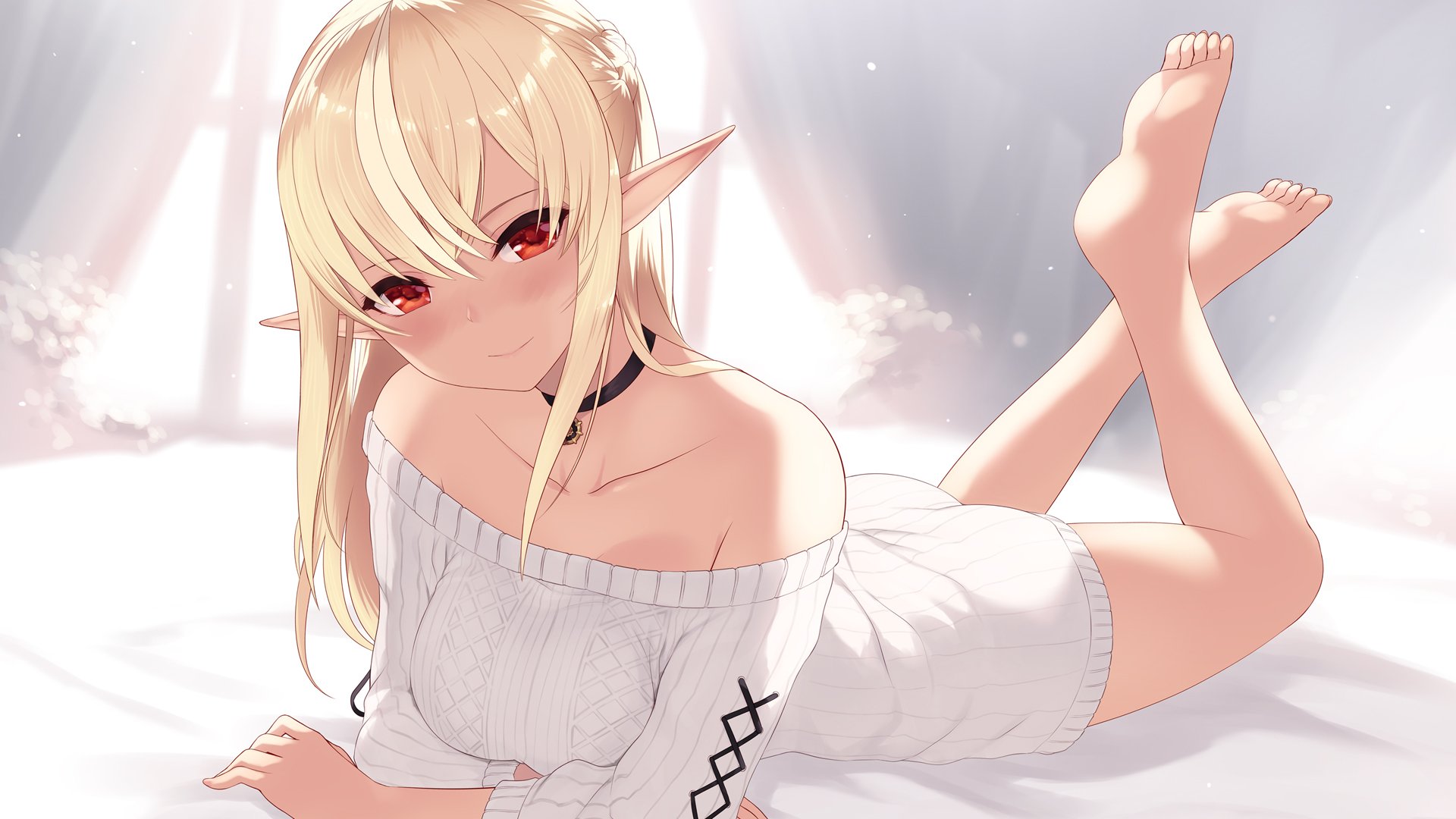 Wallpaper, anime girls, Hololive, Virtual Youtuber, Shiranui Flare, Cait Aron, blonde, elf ears, red eyes, barefoot, simple background 1920x1080