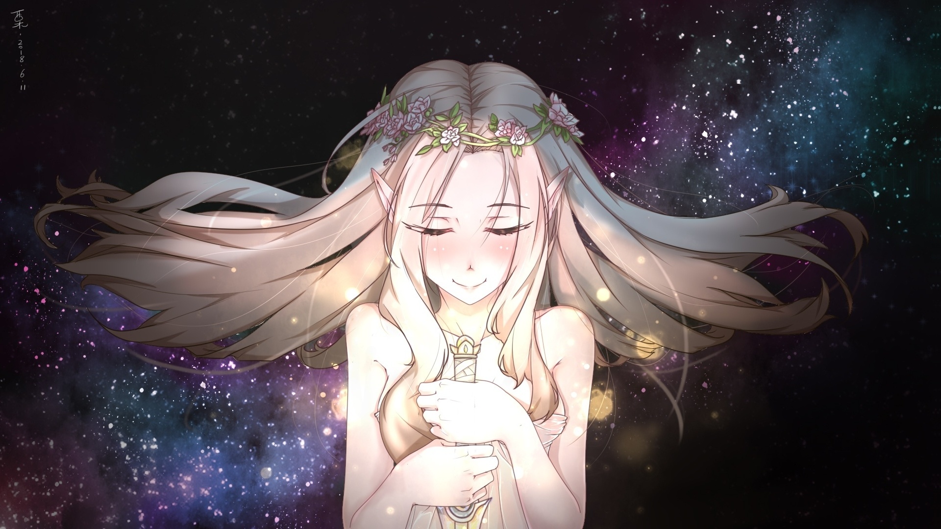Desktop wallpaper artwork, beautiful, pray, long hair, elf anime girl, HD image, picture, background, 5dd3e6