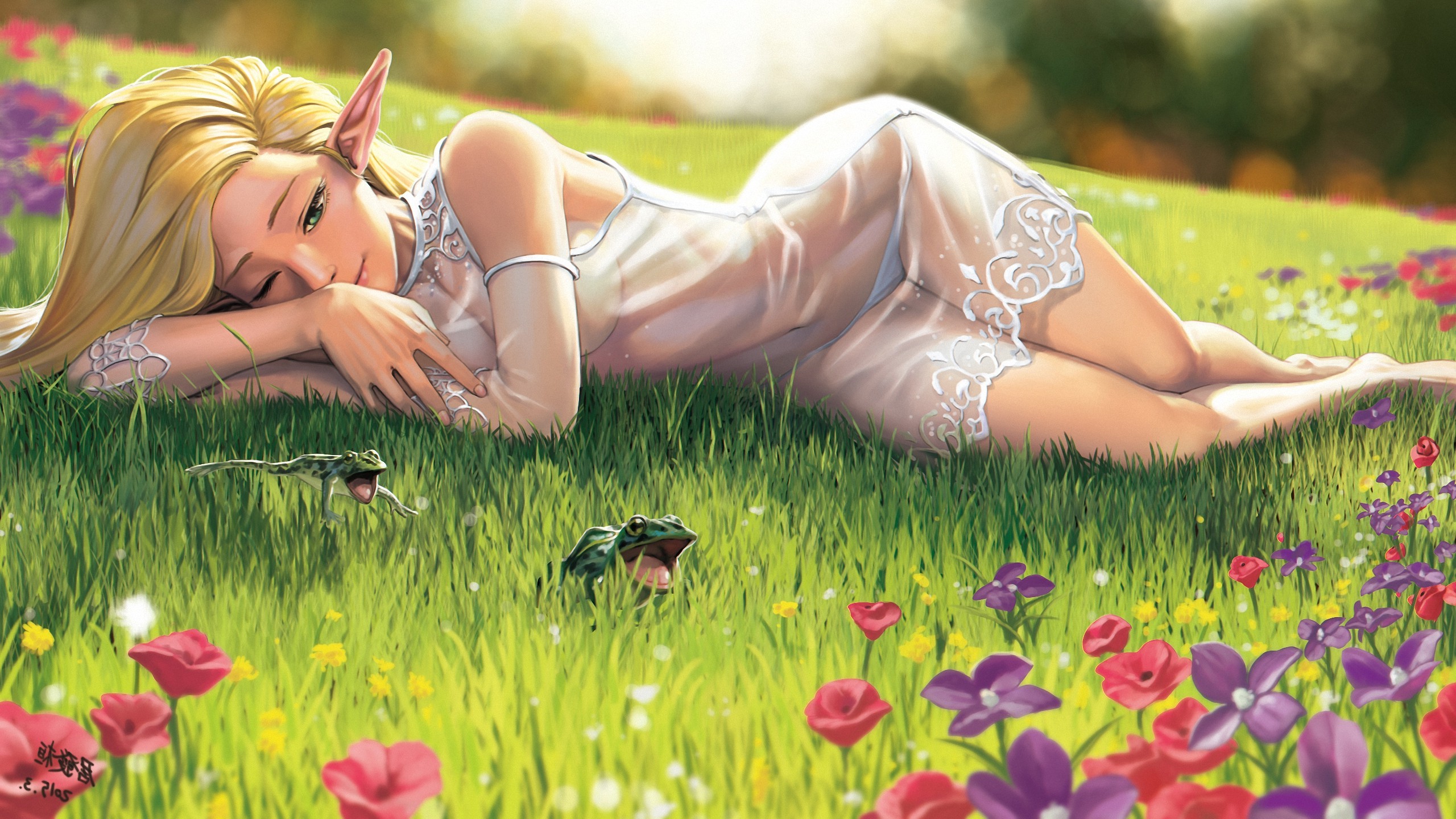 elves, Anime Girls, Frog, Grass, Flowers Wallpaper HD / Desktop and Mobile Background