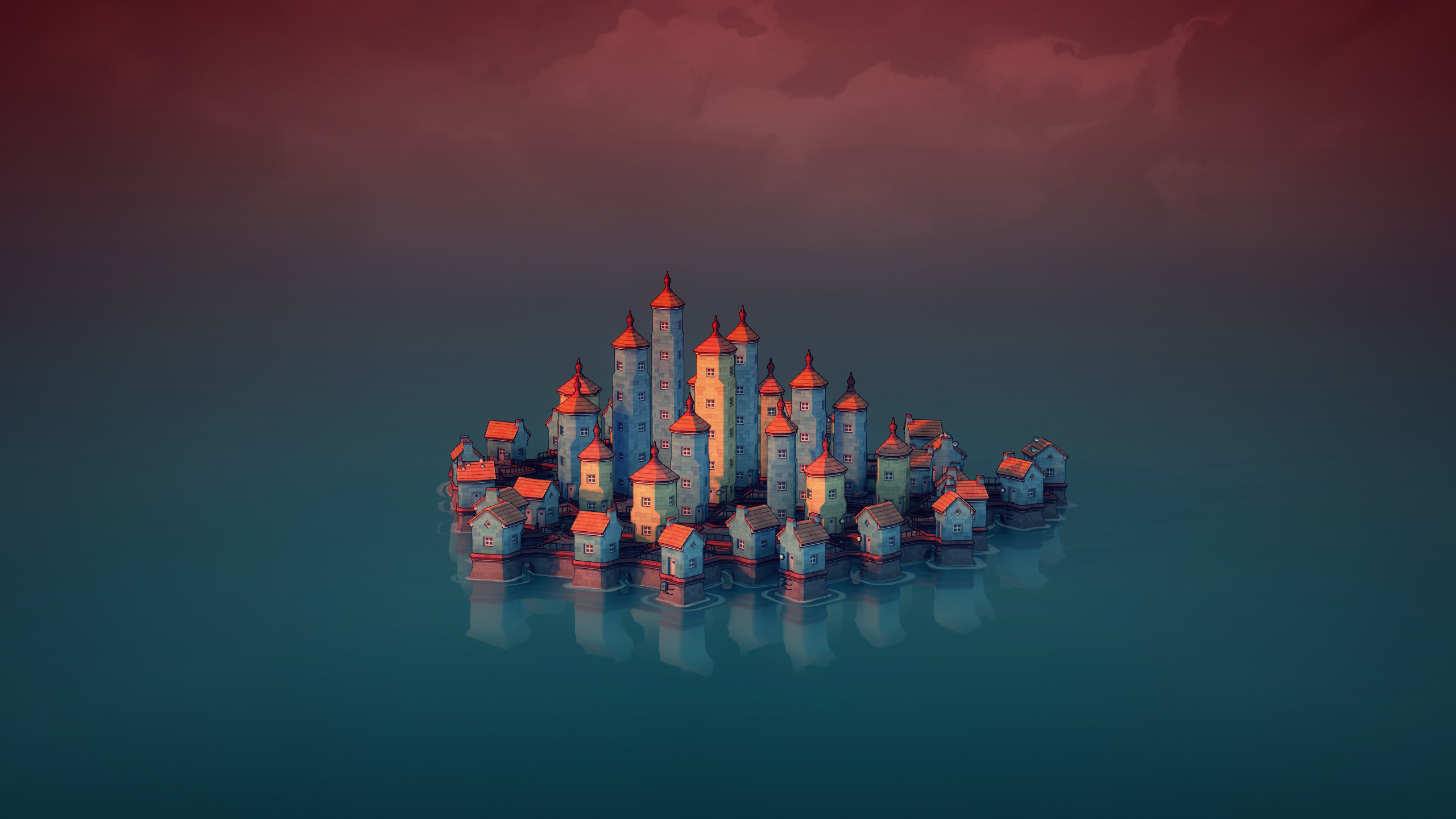 Townscaper Town Skyline Video Game Art Video Games Shoreline PC Gaming Wallpaper:2560x1440