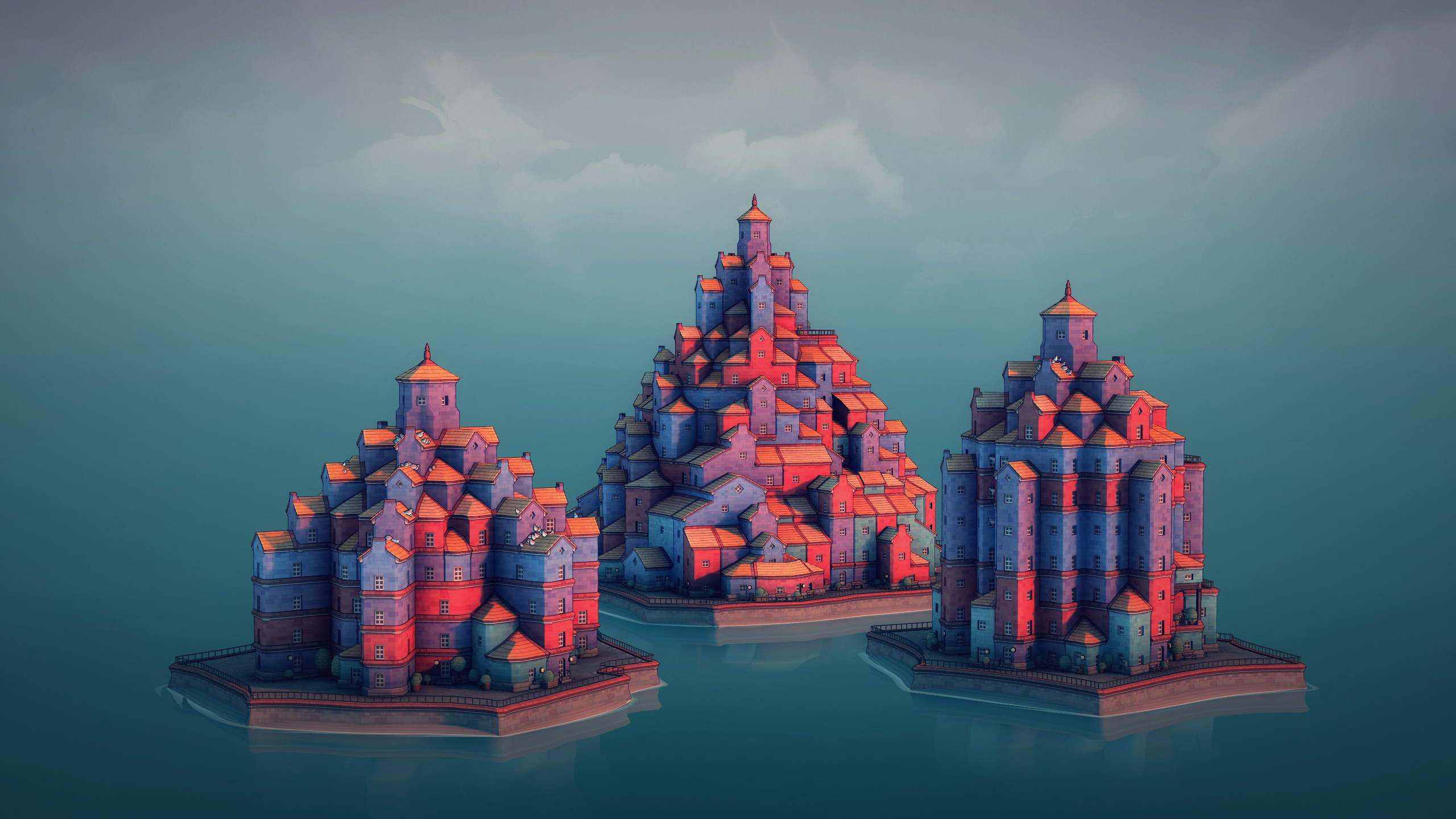 Townscaper Town Tower Skyline Minimalism Architecture Video Game Art Video Games Wallpaper:2560x1440
