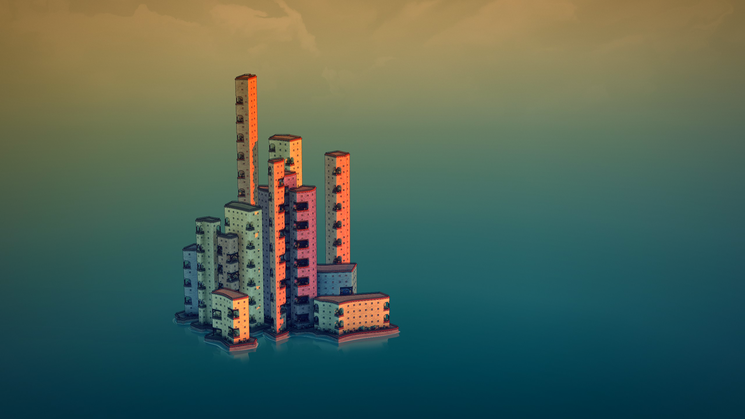 Wallpaper, Townscaper, town, skyline, skyscraper, vertical, Video Game Art, video games 2560x1440