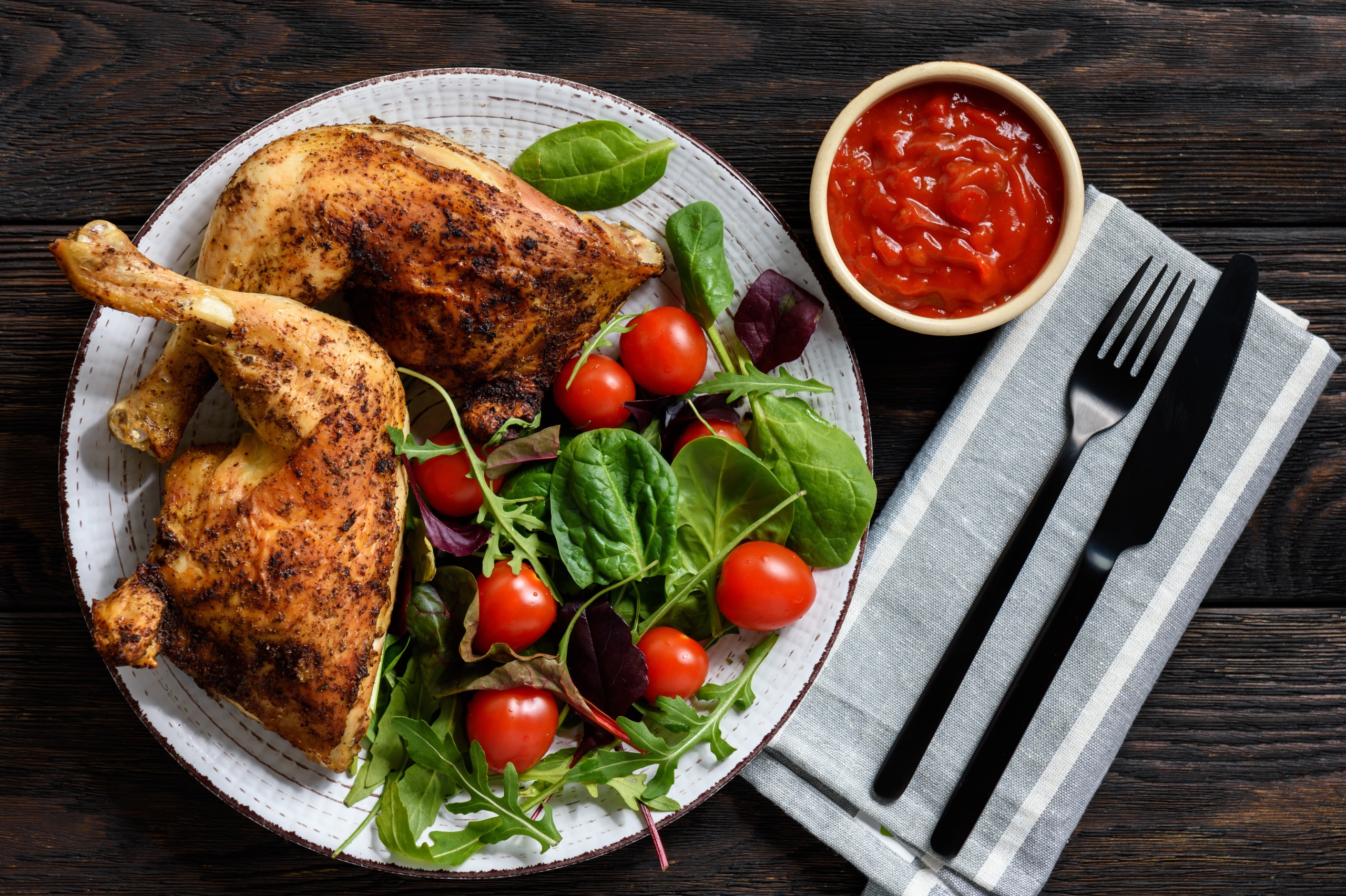Wallpaper, Chicken, food, vegetables, tomatoes, leaves 2560x1705