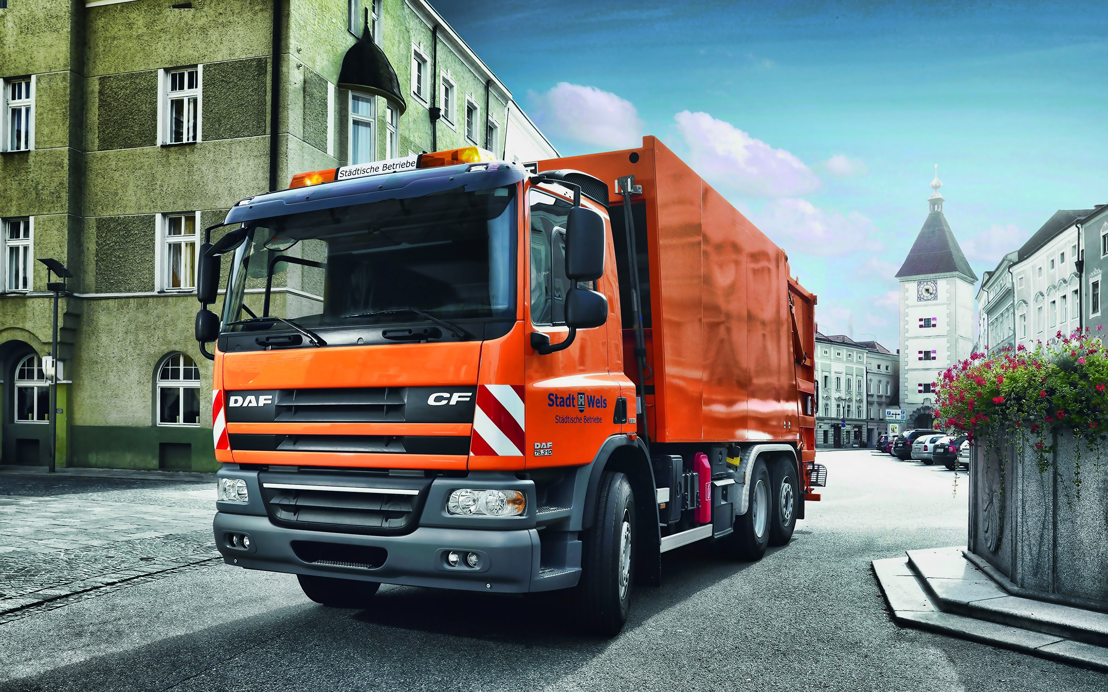 Download wallpaper DAF CF, 4k, garbage truck, 2019 trucks, street, 2019 DAF CF, LKW, new CF, trucks, DAF for desktop with resolution 3840x2400. High Quality HD picture wallpaper
