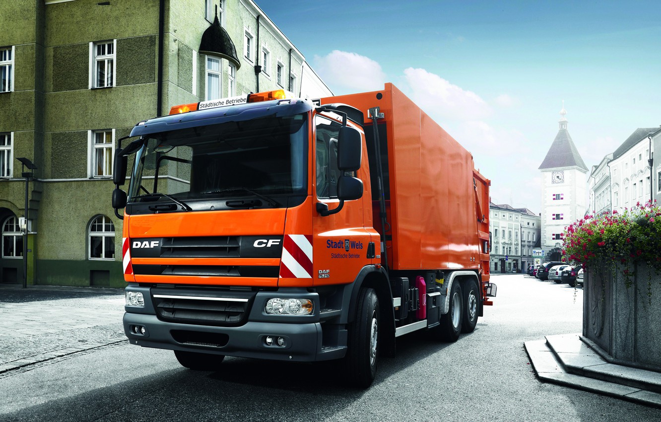 Wallpaper orange, the city, area, DAF, DAF, garbage truck, 6x2, platform, EEV, DAF CF75.310 FAN image for desktop, section грузовики