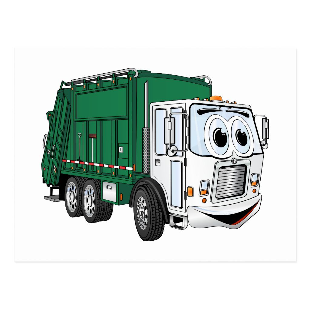 Green White Smiling Garbage Truck Cartoon Postcard. Zazzle.com. Garbage truck, Trash hauling, Garbage