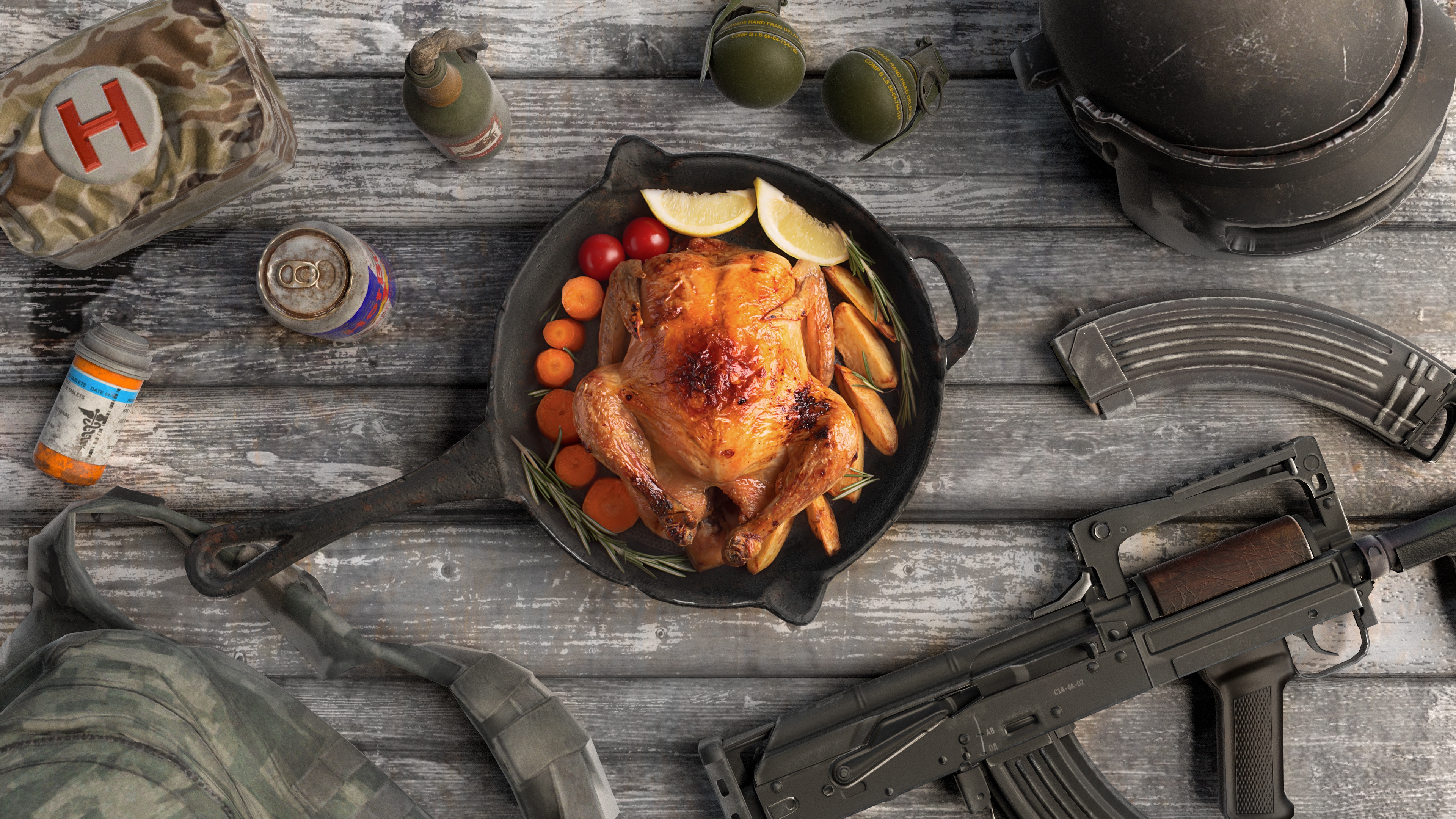 Chicken, Still life, Food, Weapon, PUBG Wallpaper HD / Desktop and Mobile Background