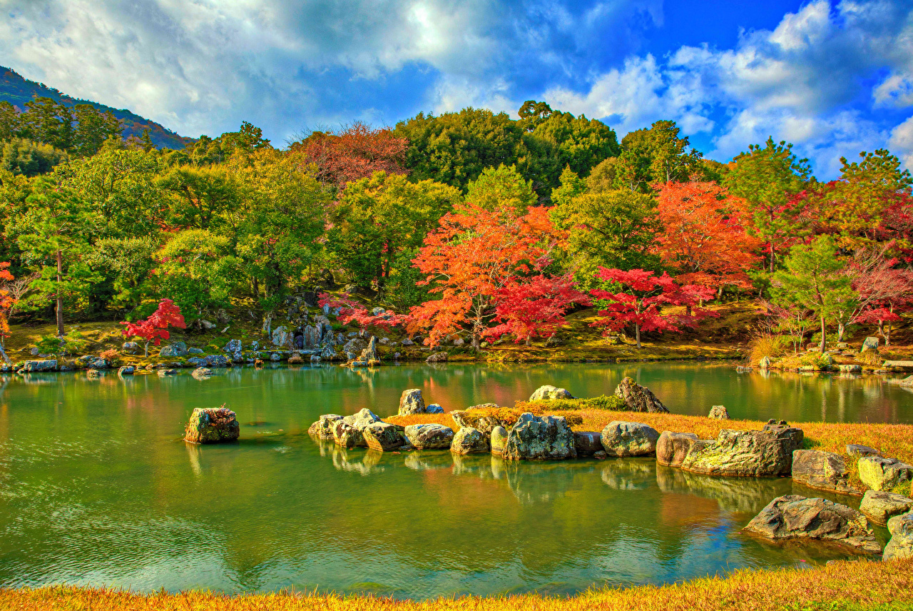 Wallpaper Kyoto Japan Tenryuji Temple park HDRI Autumn Nature Pond