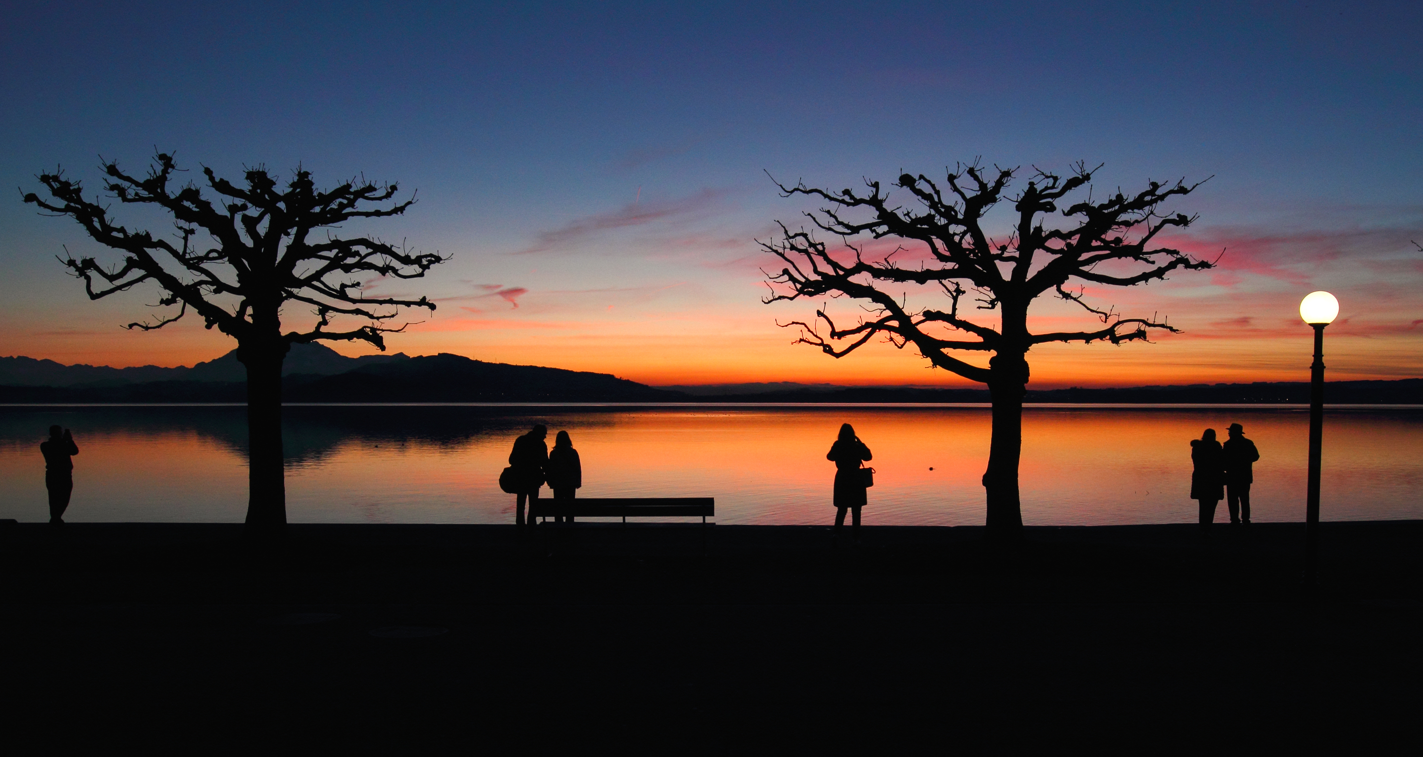 Wallpaper, sunset, reflection, silhouette, schweiz, Switzerland, sonnenuntergang, zug, reflektion, afterglow, abendrot, zugersee, abendstimmung 4926x2621