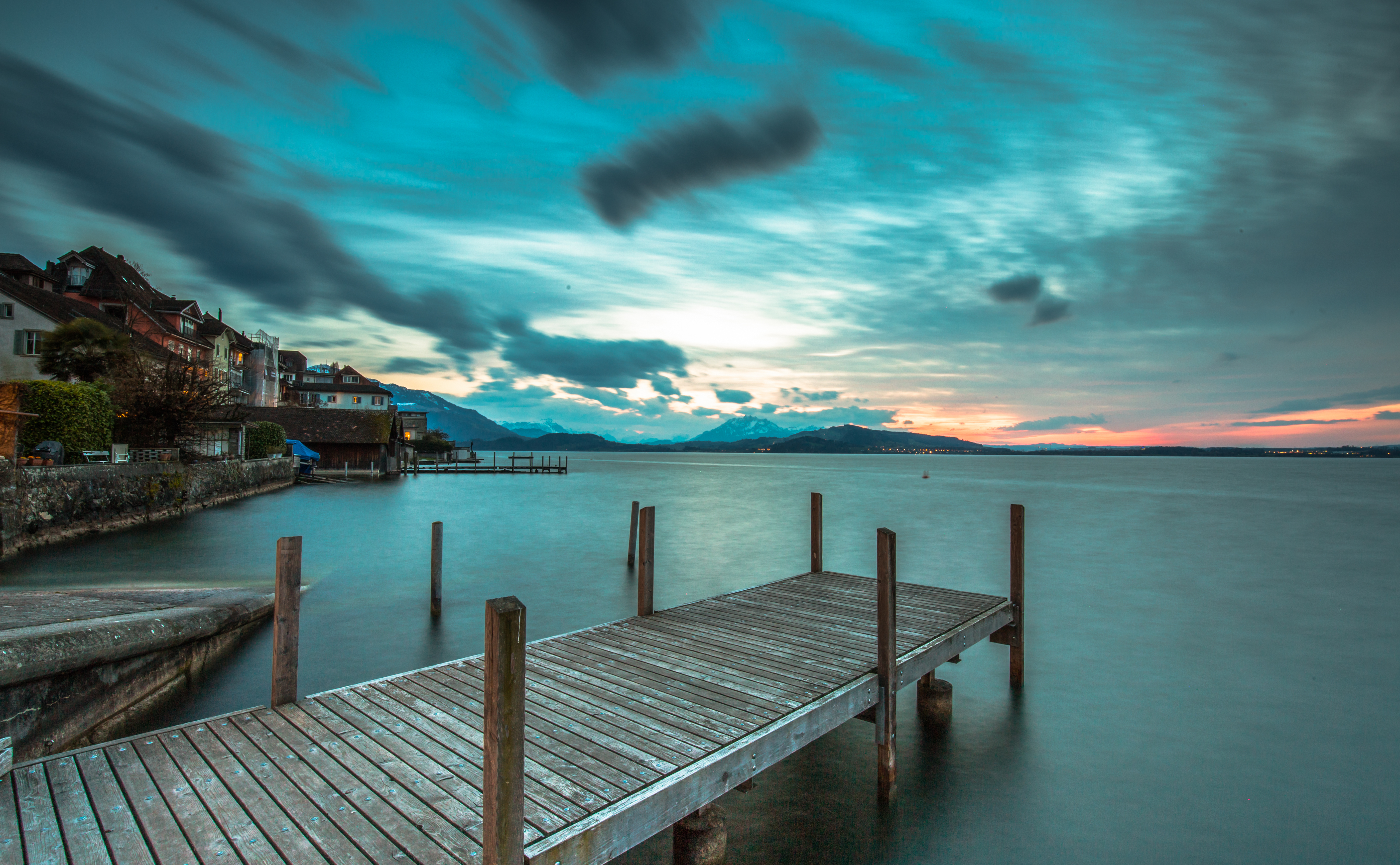 Wallpaper, landscape, sunset, sea, lake, water, reflection, sky, sunrise, calm, storm, evening, horizon, Switzerland, pier, dock, dusk, longexposure, cloud, tree, dawn, ocean, tropics, sonnenuntergang, schweiz, langzeitbelichtung, sturm