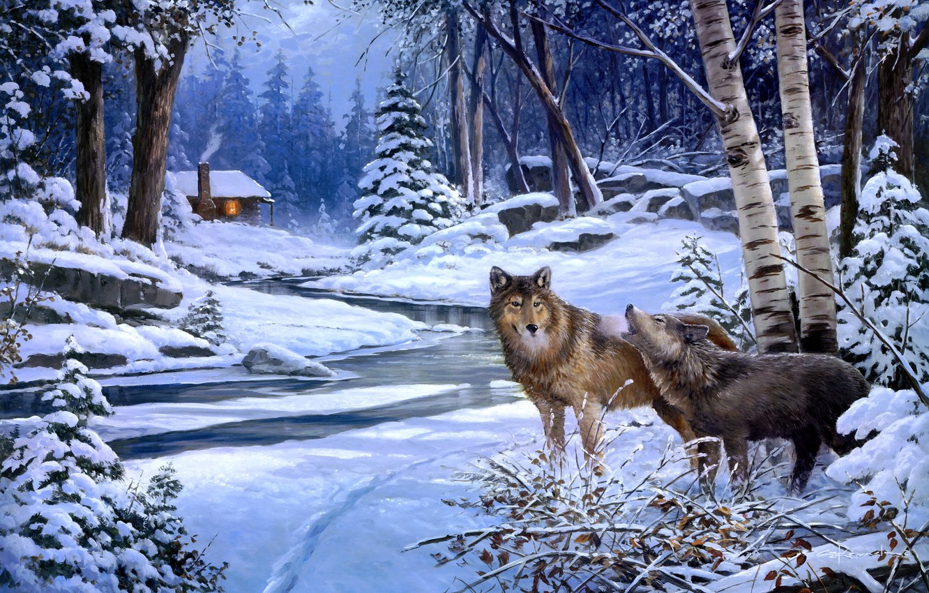 Wallpaper winter, forest, animals, snow, wolf, wolves, hut, painting, George Kovach, Return to Cabin Creek, the river house image for desktop, section живопись