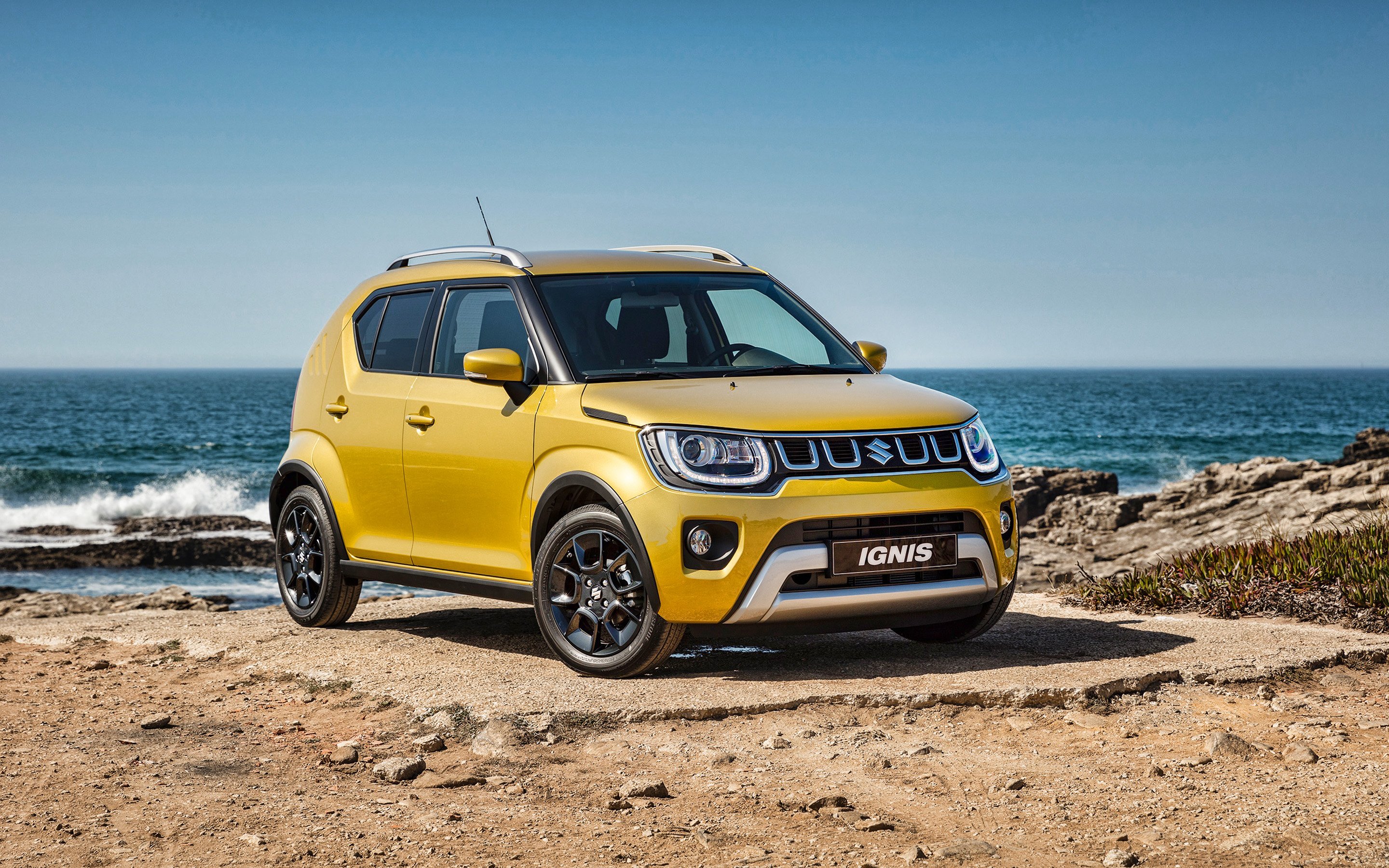 Download wallpaper Suzuki Ignis, front view, exterior, yellow hatchback, new yellow Ignis, japanese cars, Suzuki for desktop with resolution 2880x1800. High Quality HD picture wallpaper