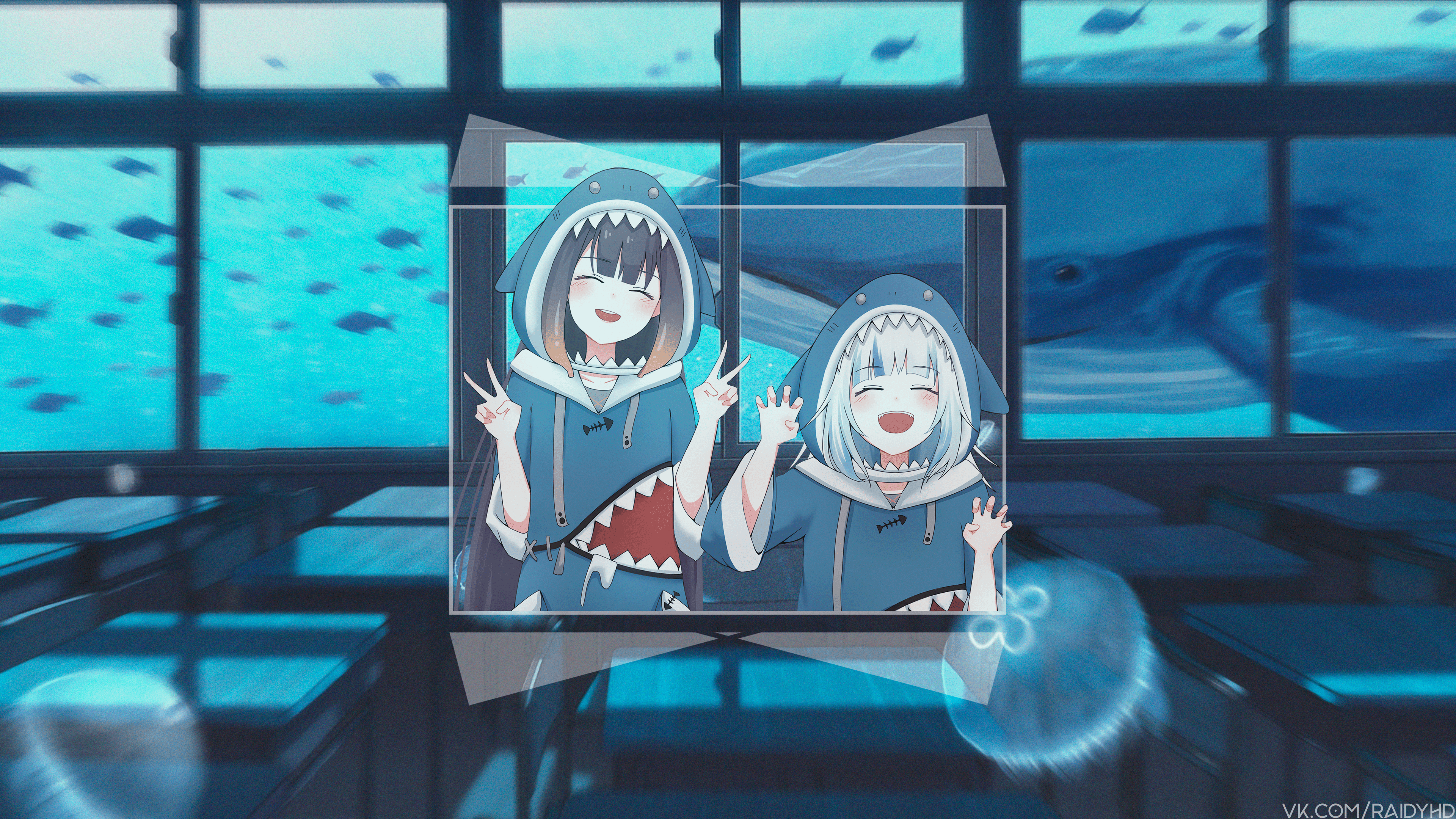 4K, Picture In Picture, Anime, Anime Girls, Ninomae Inanis, Gawr Gura, Hololive. Mocah HD Wallpaper