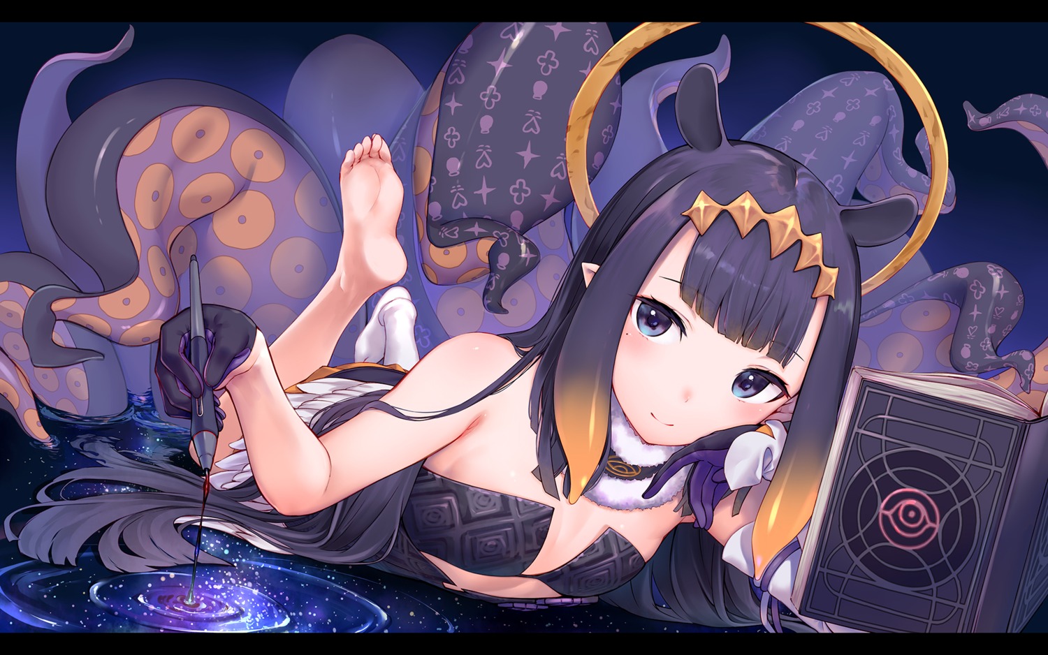 hinasaki hololive hololive english ninomae ina'nis angel feet loli no bra pointy ears tentacles wallpaper wings