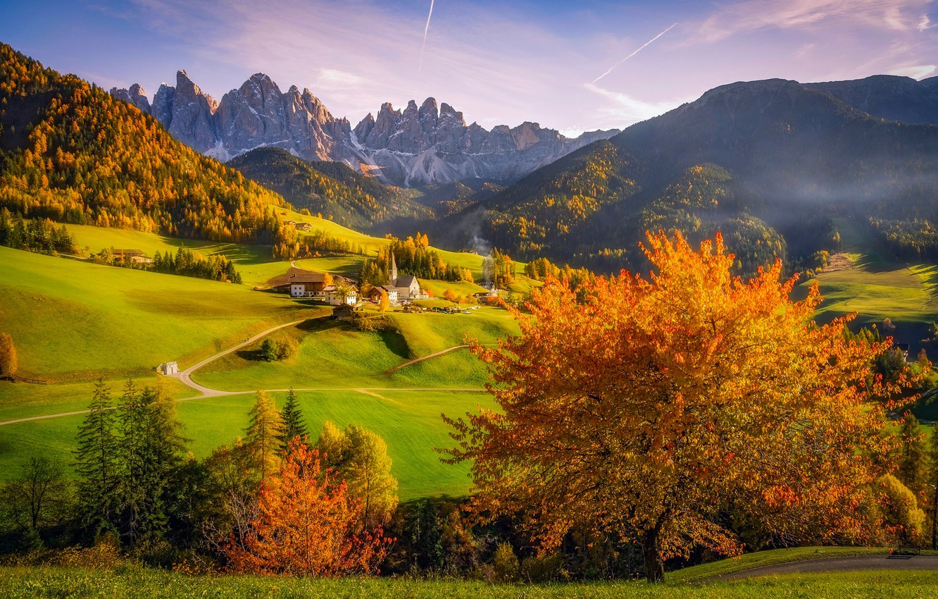 Wallpaper autumn, trees, mountains, valley, Alps, Italy, Church, village, forest image for desktop, section пейзажи