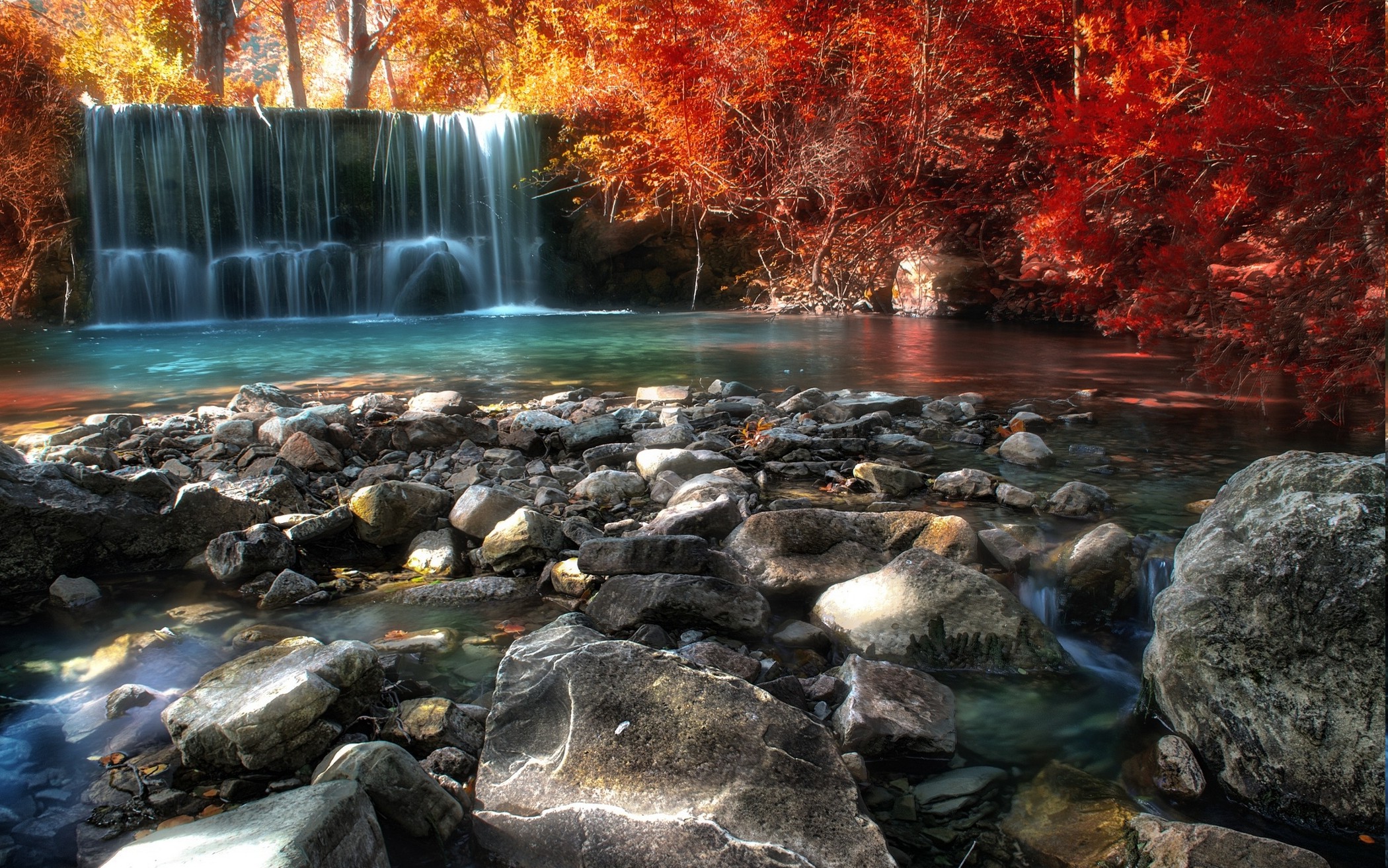 nature, Landscape, Fall, River, Pond, Trees, Italy, Waterfall, Stones, Forest, Sunlight, Red, Yellow, Leaves, Colorful Wallpaper HD / Desktop and Mobile Background
