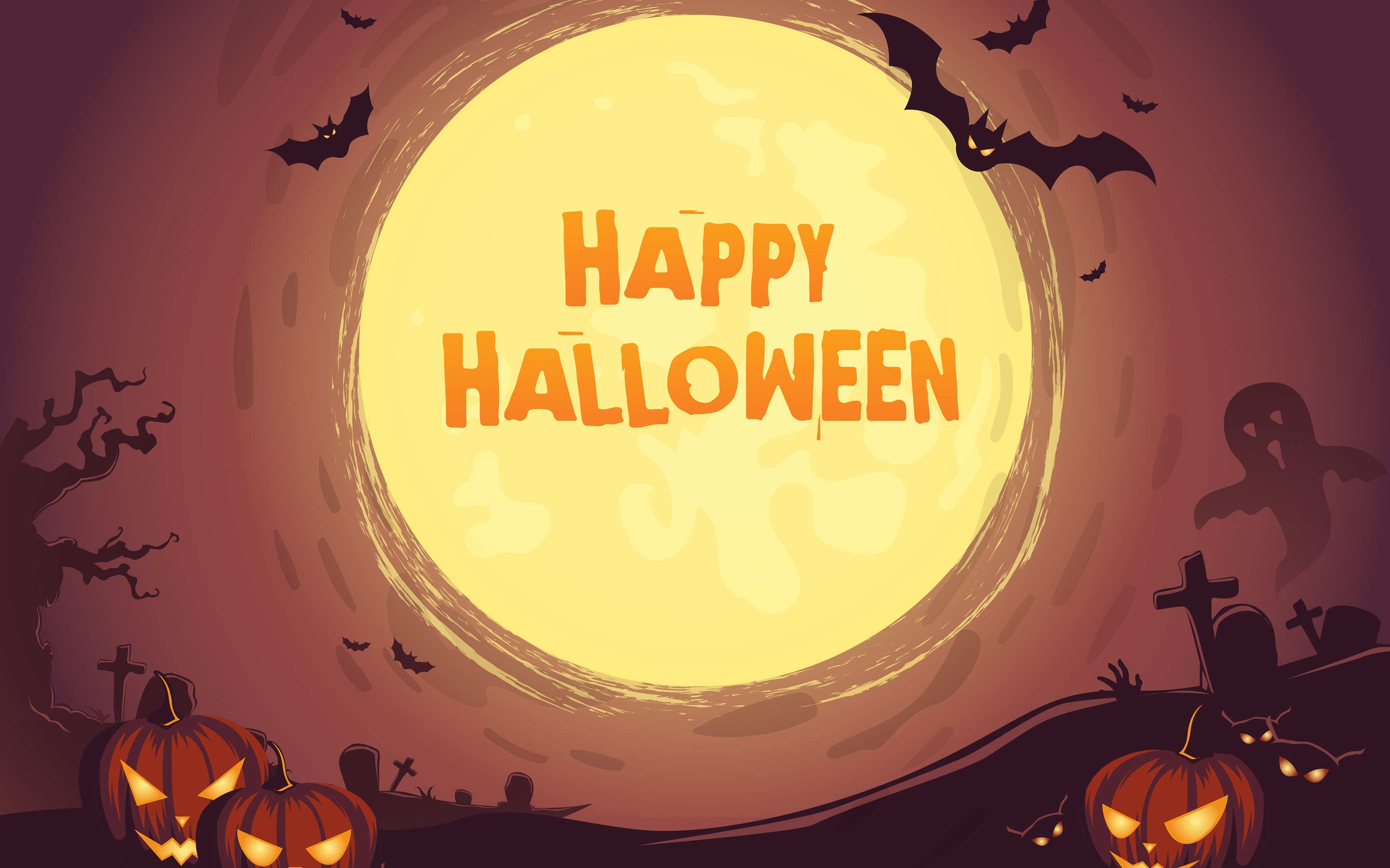 Download wallpaper Happy Halloween, moon, night, pumpkin, bat, creative, Halloween Party for desktop with resolution 2880x1800. High Quality HD picture wallpaper
