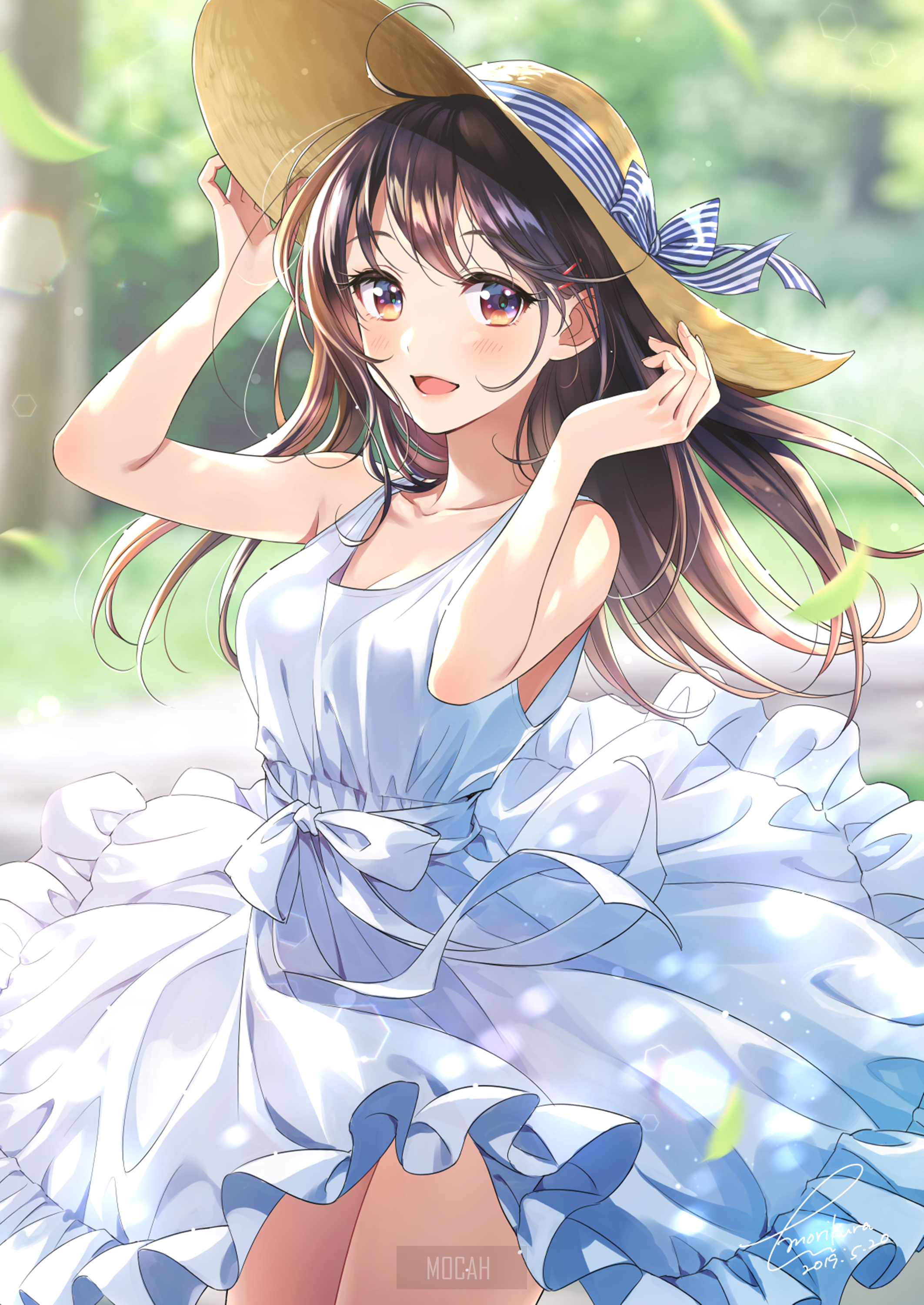 anime girl, original character, anime, brunette, long hair, looking at viewer, women with hats, hat, blushing, happy, dress, white dress, depth of field, outdoors, summer, drawing, illustration, Morikura En HD download