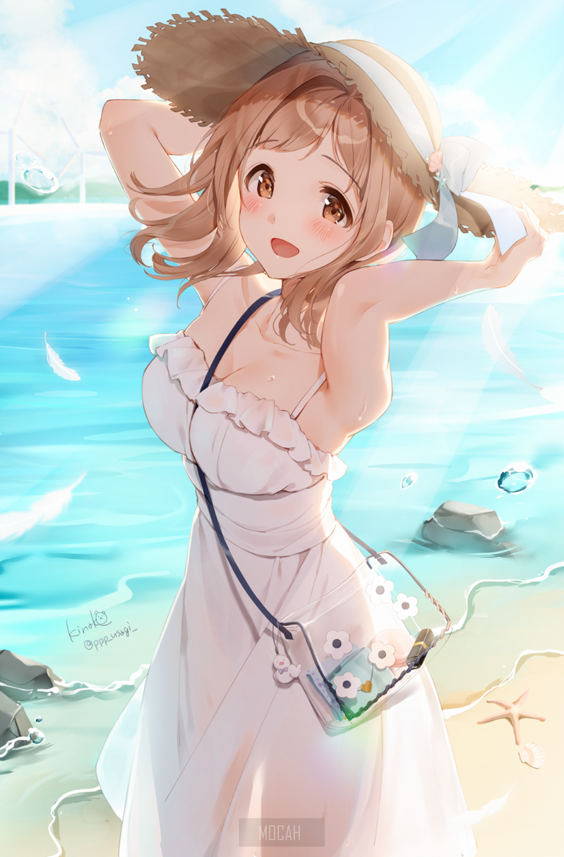 anime, anime girl, beach, sand, water, starfish, dress, white dress, hat, redhead, arms up, boobs, big boobs wallpaper full hd, 1973x3000. Mocah HD Wallpaper
