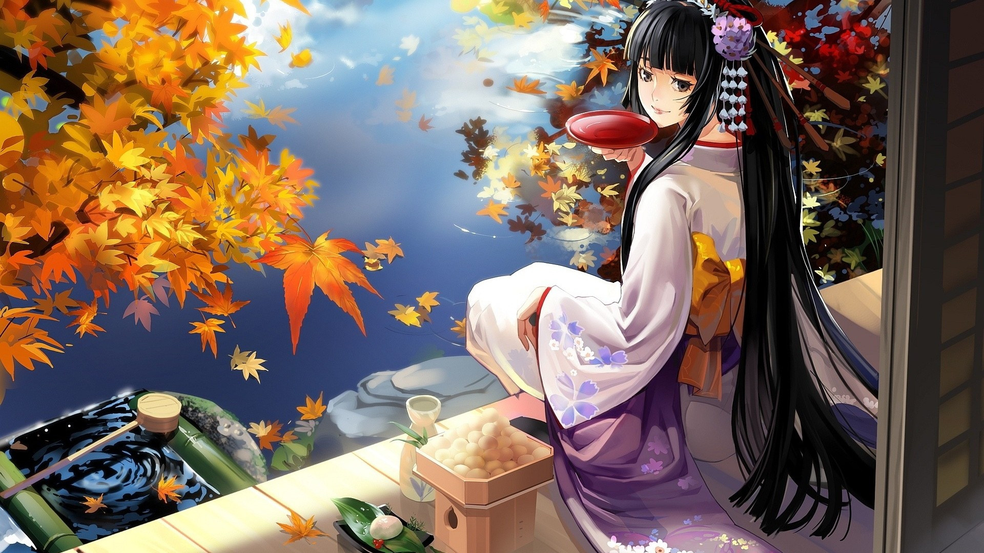 Download 1920x1079 Anime Girl, Traditional Clothes, Autumn, Long Hair Wallpaper