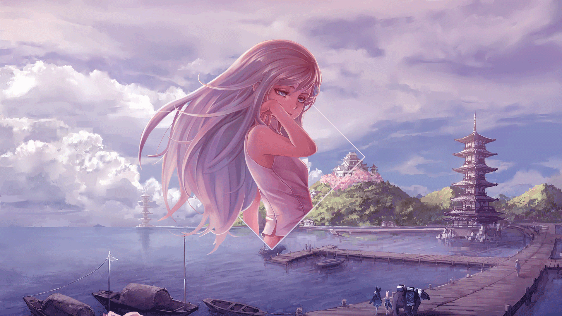 Wallpaper, anime girls, anime landscape, clouds, sea, picture in picture, Photohop, digital art, summer dress 1920x1080
