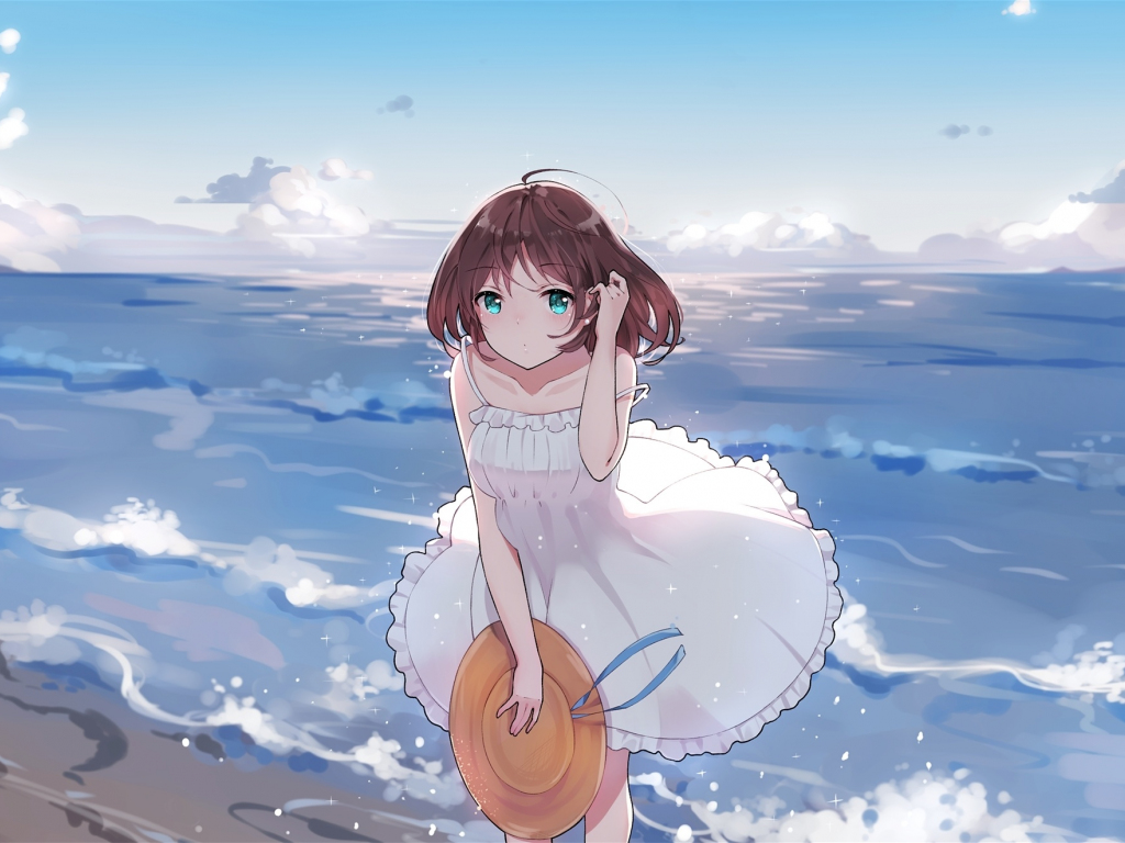 Desktop wallpaper outdoor, seashore, cute, anime girl, HD image, picture, background, 17640e