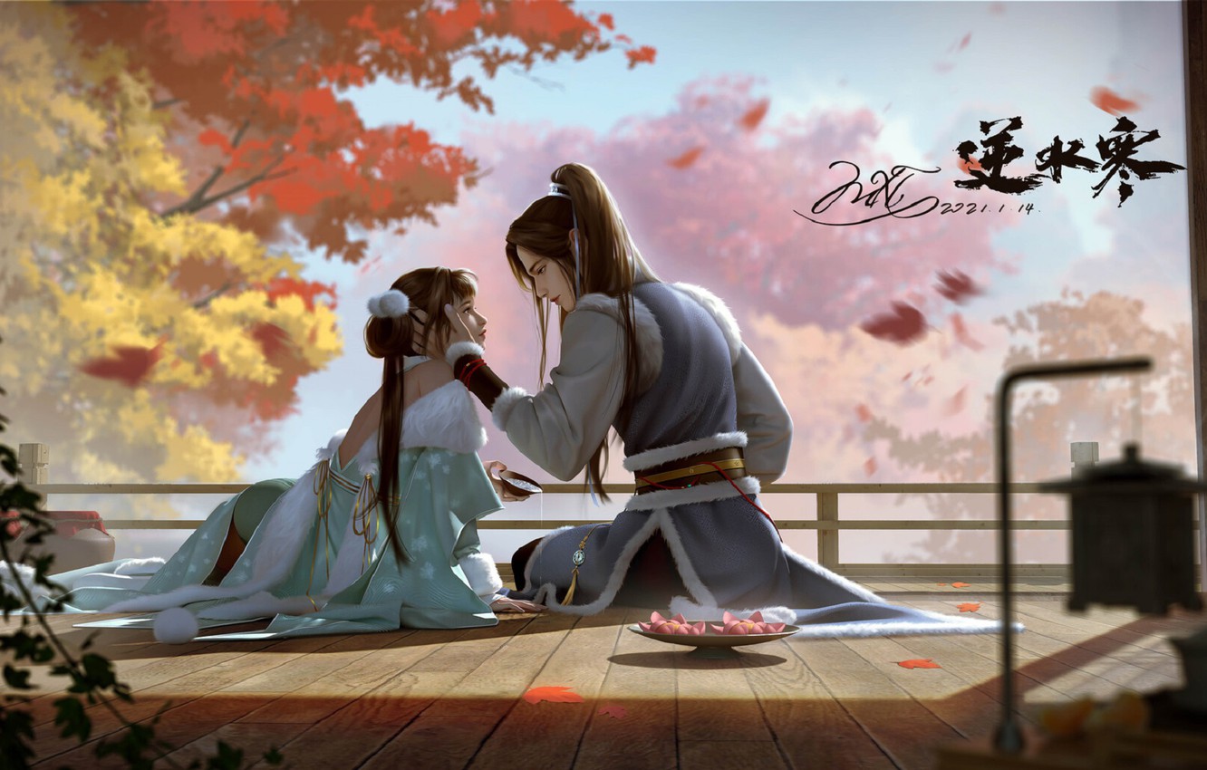 Wallpaper romance, date, long hair, veranda, autumn Park, the guy with the girl, Chinese clothing image for desktop, section живопись