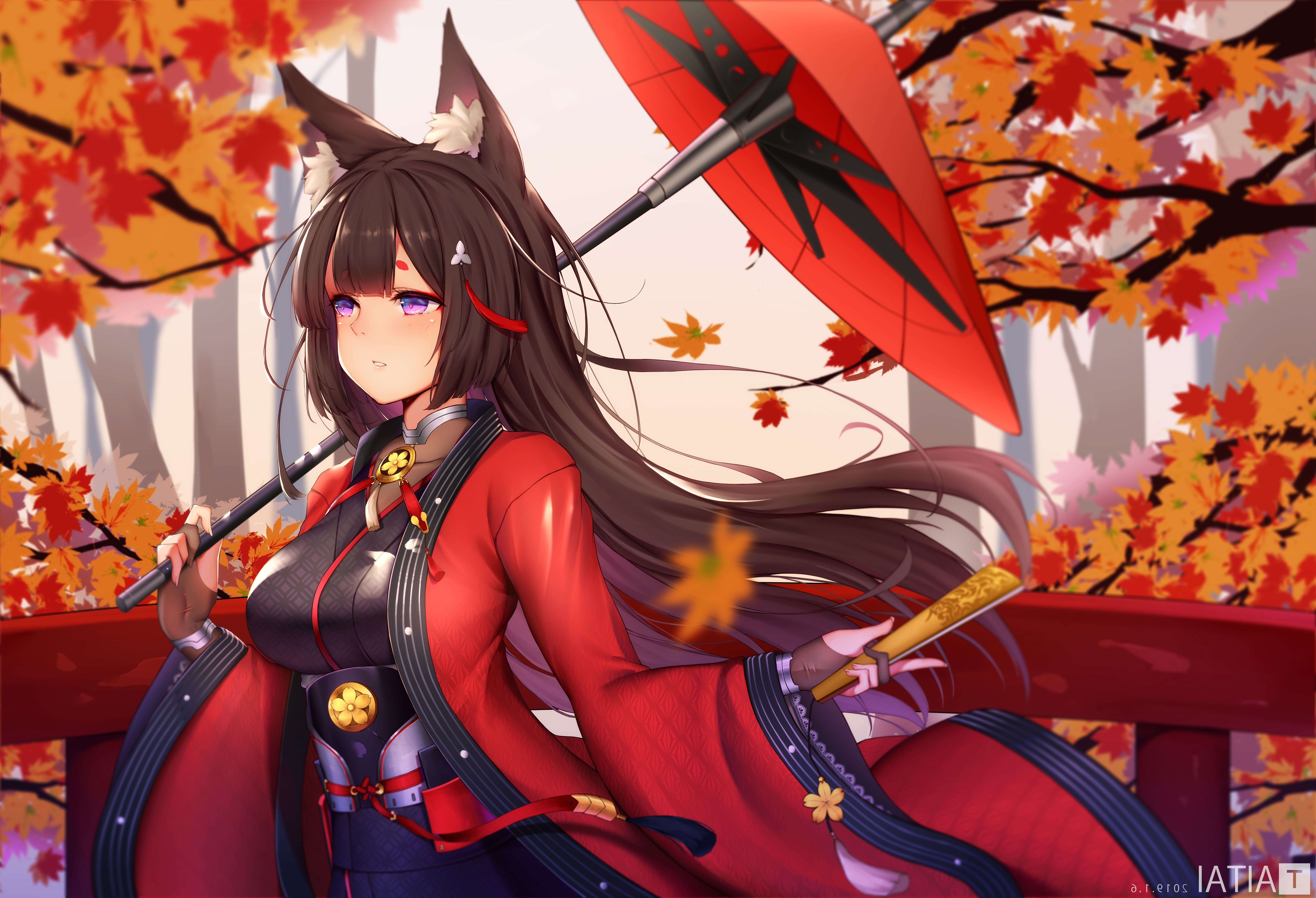 Wallpaper Azur Lane, Japanese Clothes, Animal Ears, Amagi, Fox Girl, Autumn:8310x5669