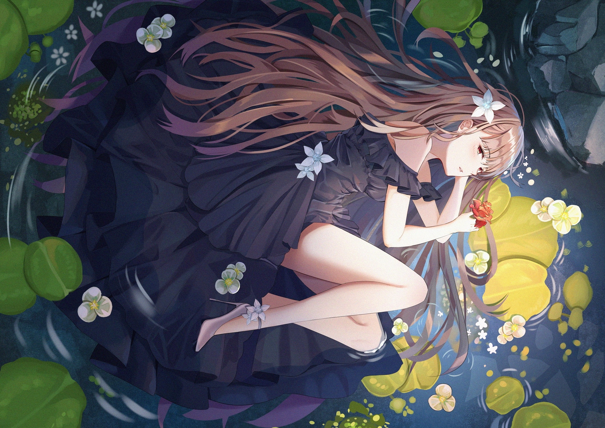 girl, yellow, summer, flower, blue, dress, manga, mobu, vara, water, anime