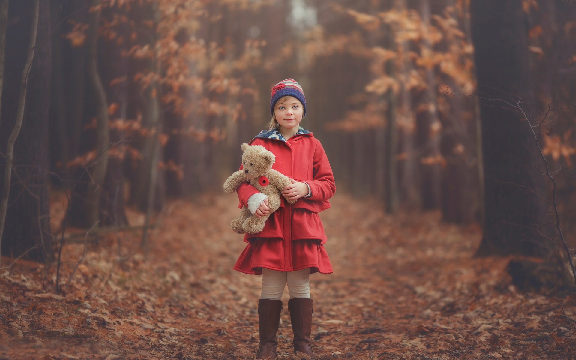 Wallpaper Red clothes little girl, child, teddy bear, autumn, forest 1920x1200 HD Picture, Image