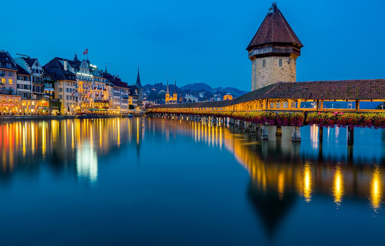 Wallpaper bridge, reflection, river, building, tower, Switzerland, night city, Switzerland, Lucerne, Lucerne, Reuss River, the the Chapel bridge, Chapel bridge, the river Reuss, Water tower, Tower Wasserturm image for desktop, section город