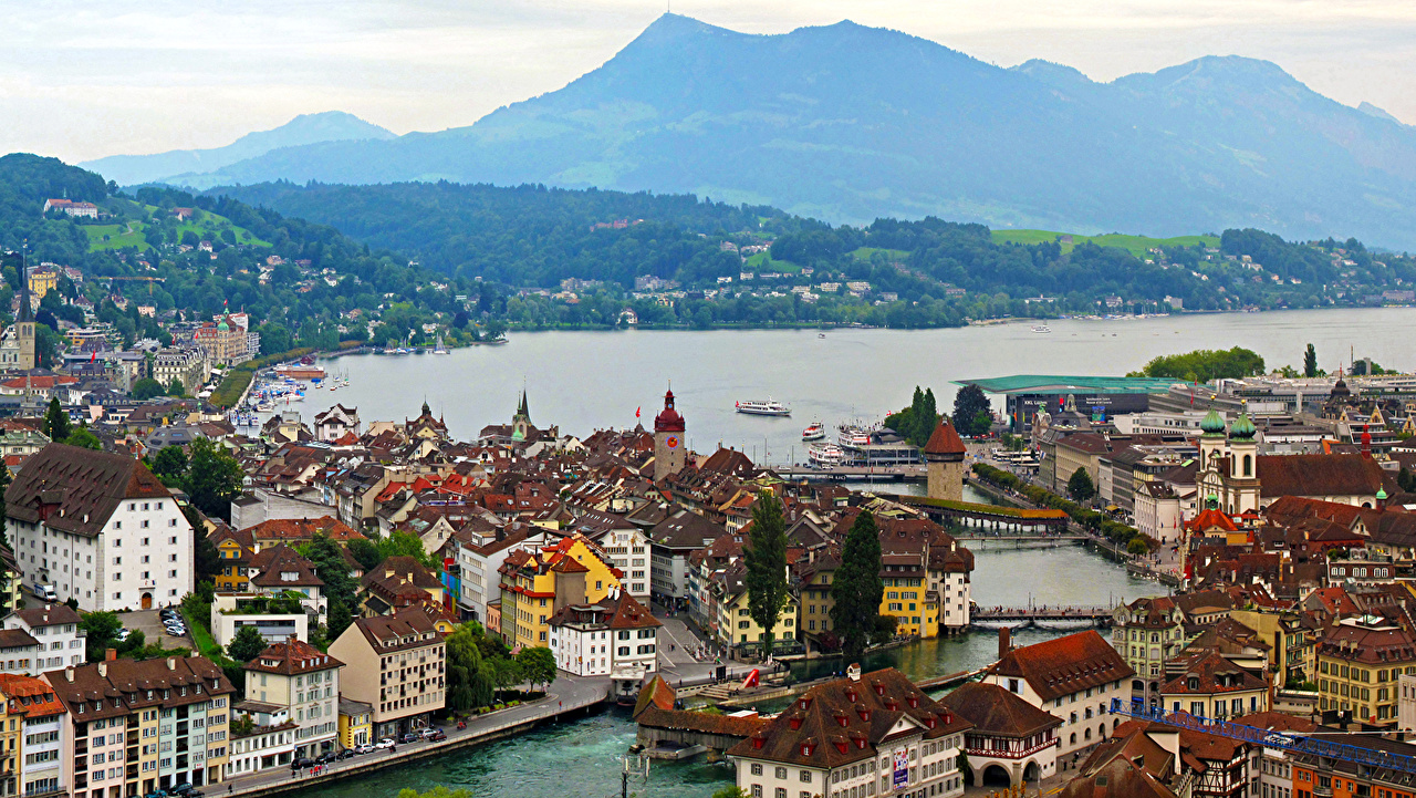 Wallpaper Switzerland Luzern Mountains Lake Cities Building