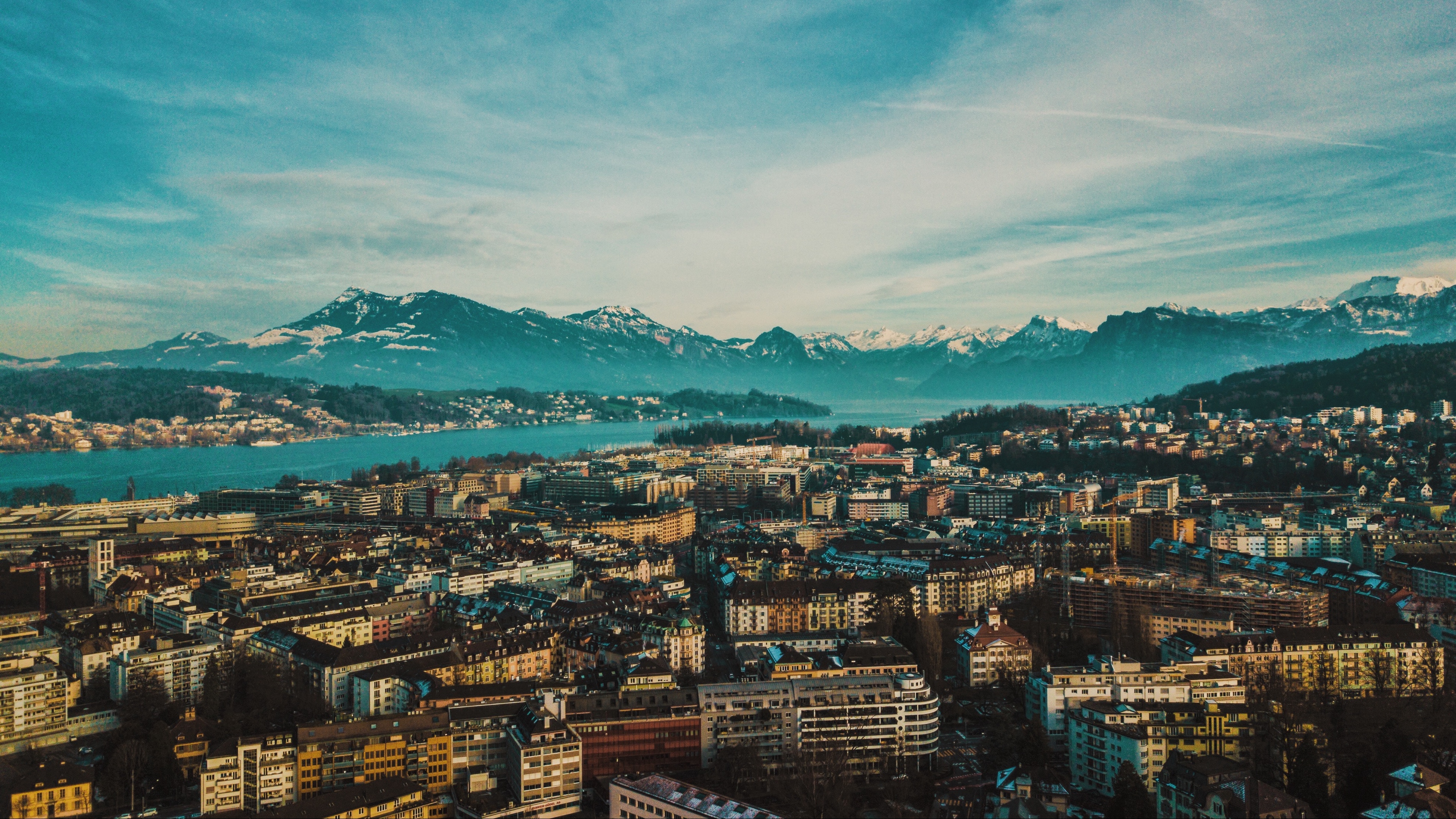 Wallpaper 4k city, overview, mountains, buildings, lucerne, switzerland 4k Wallpaper