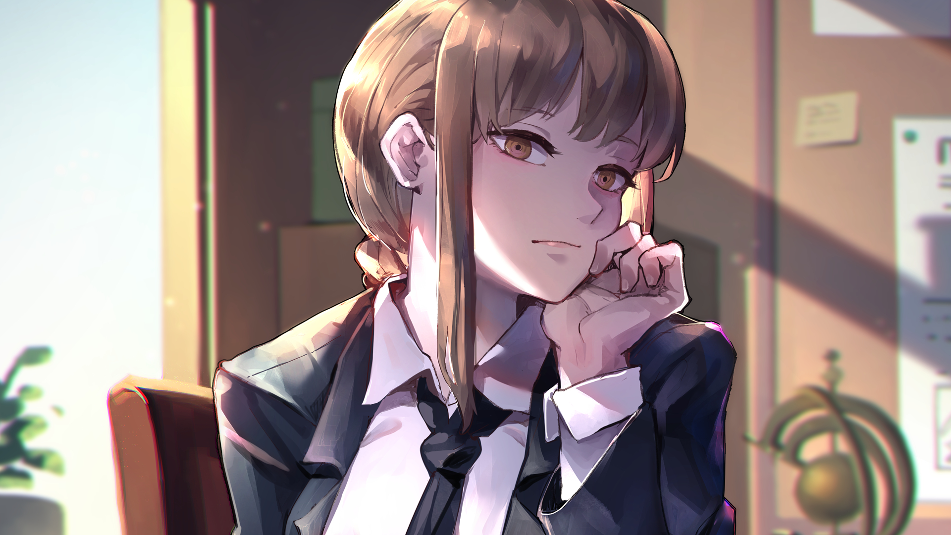 Wallpaper, Chainsaw Man, manga, drawing, Makima Chainsaw Man, tie, artwork, brunette 1920x1080