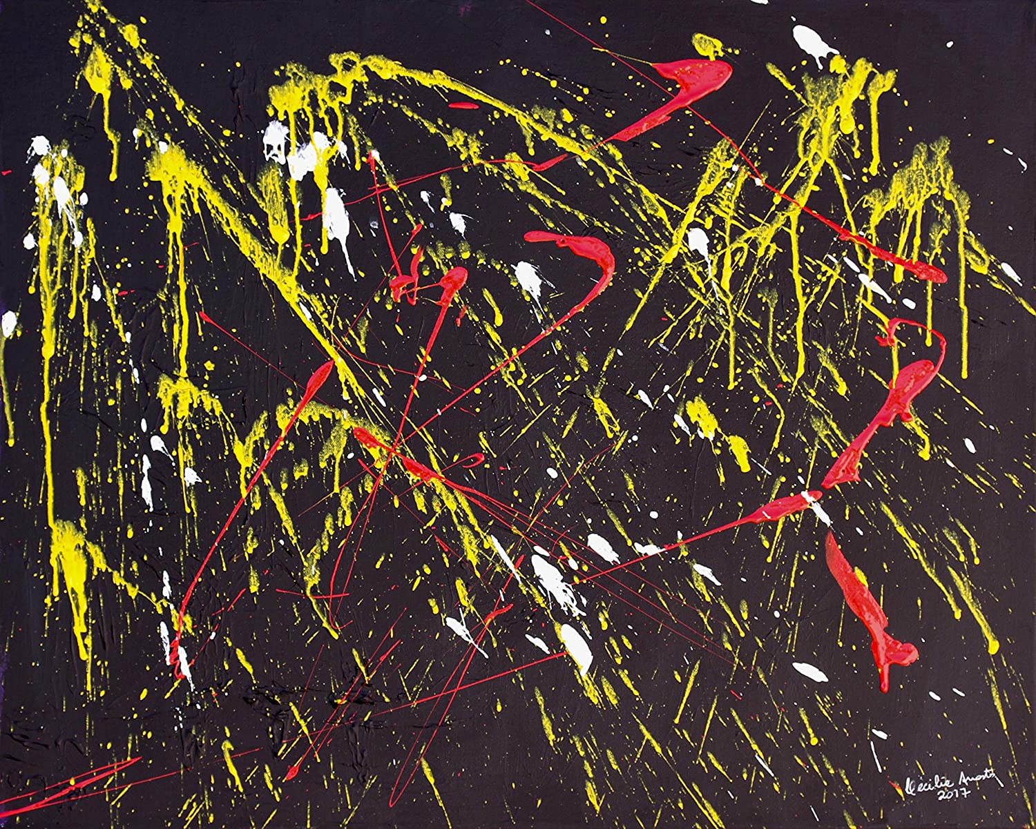 The Splash (2017) on Canvas 30 x 24 Ready to hang Black background with yellow, red and white splashed paint. ​Handmade by USA Artist. Abstract painting. Contemporary artwork. Ready