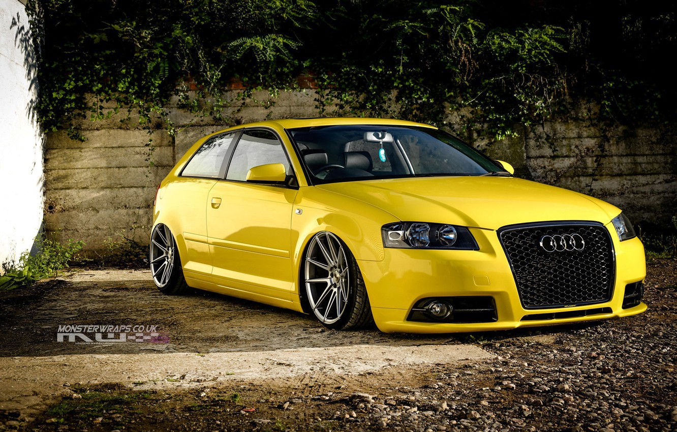 Wallpaper audi, wheels, tuning, front, face, low, stance, clean, yelow image for desktop, section audi