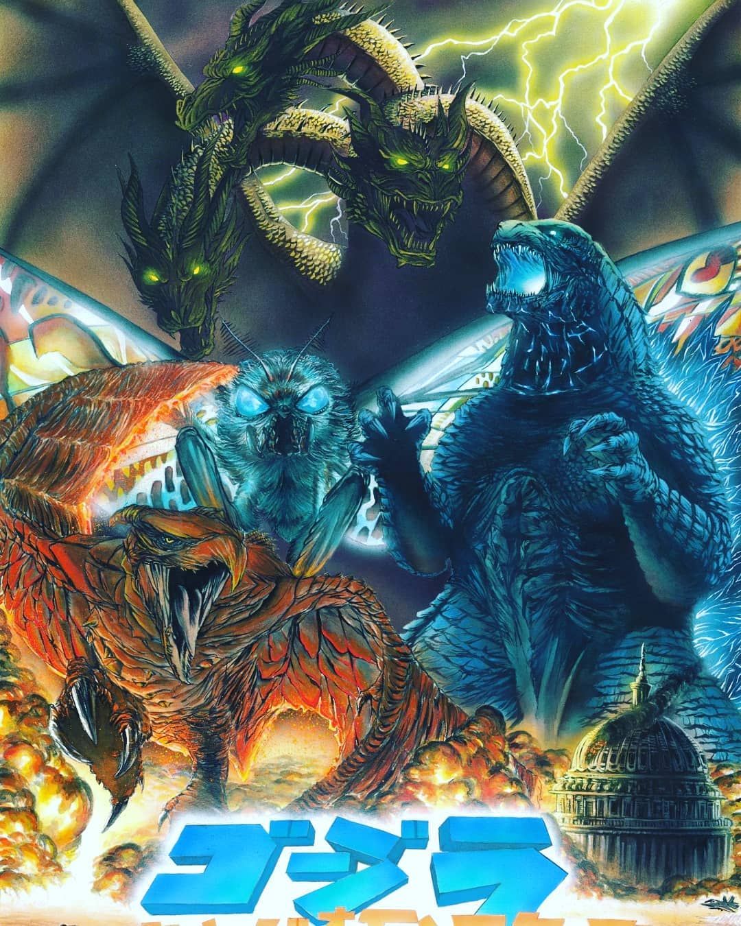 Awesome art by BrooksVIII on Twitter! Reminds me of the GMK poster! #kingofthemonsters. Kaiju, Godzilla wallpaper, Kaiju monsters