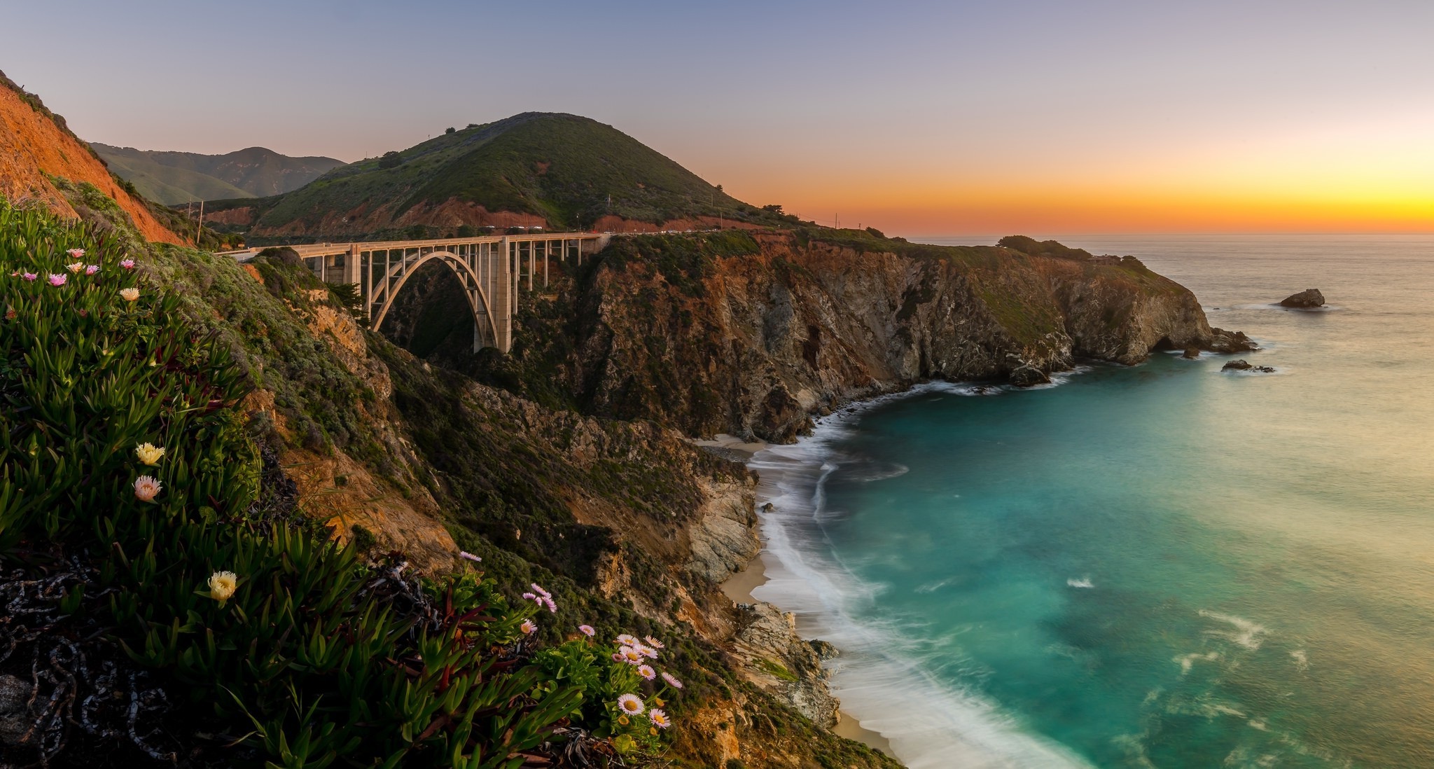 photography, Nature, Landscape, Sunset, Sea, Bridge, Coast, Wildflowers, Cliff, Hills, Beach, California Wallpaper HD / Desktop and Mobile Background