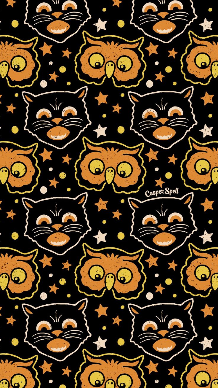 Retro Halloween Black Cat & Owl Repeat Pattern by Casper Spell. Vintage halloween art, Retro halloween, Halloween desktop wallpaper