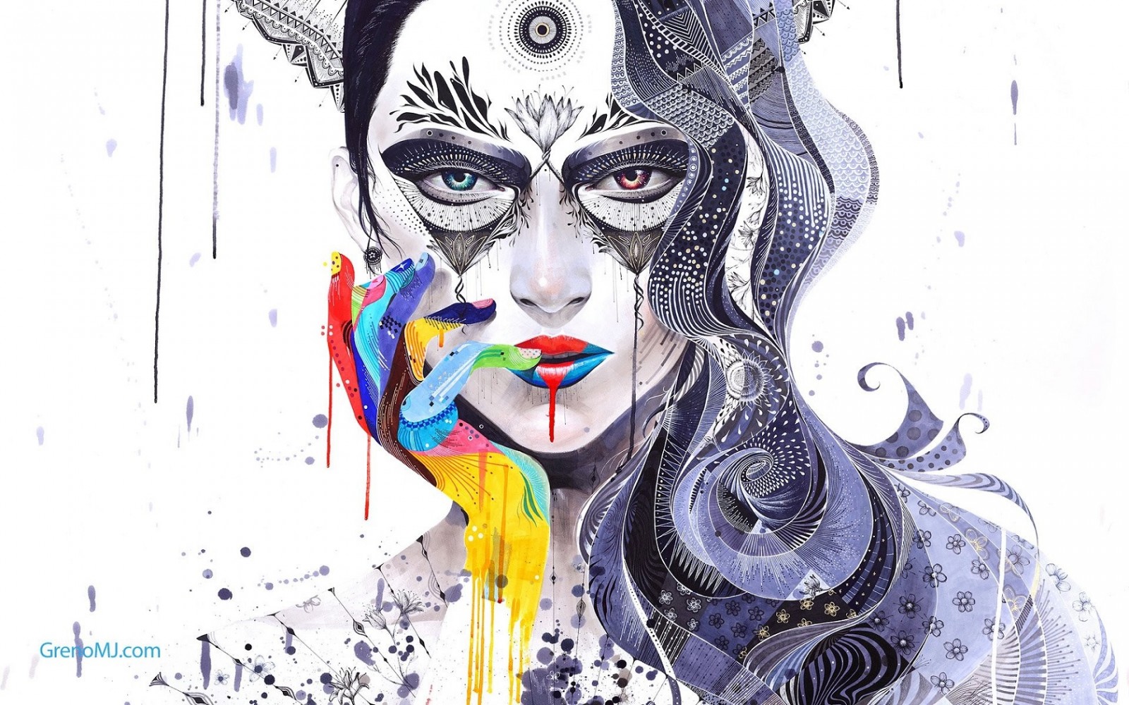 face, drawing, colorful, painting, illustration, digital art, women, portrait, long hair, abstract, artwork, selective coloring, white background, surreal, cartoon, finger on lips, paint splatter, Minjae Lee, mosaic, ART, sketch High quality